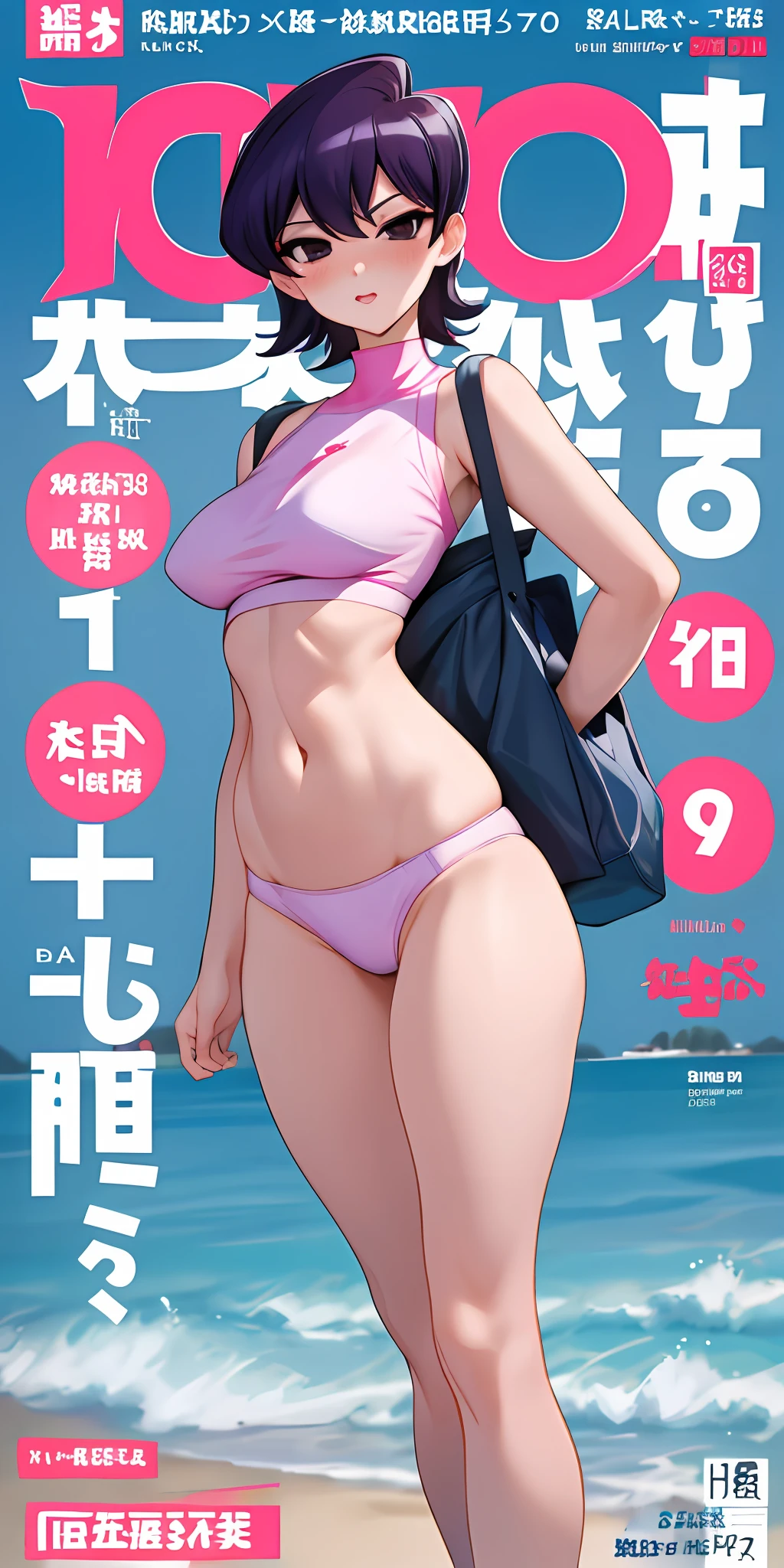 Komi Shuuko,Hanging bag underwear,A MILF,Sand healthy body shape,D-cups,Pink and rosy skin,exposing her chest,Exposing the abdomen,Naked,Gym Fleshy thighs,Comic cover style,Comic title,adolable,an park