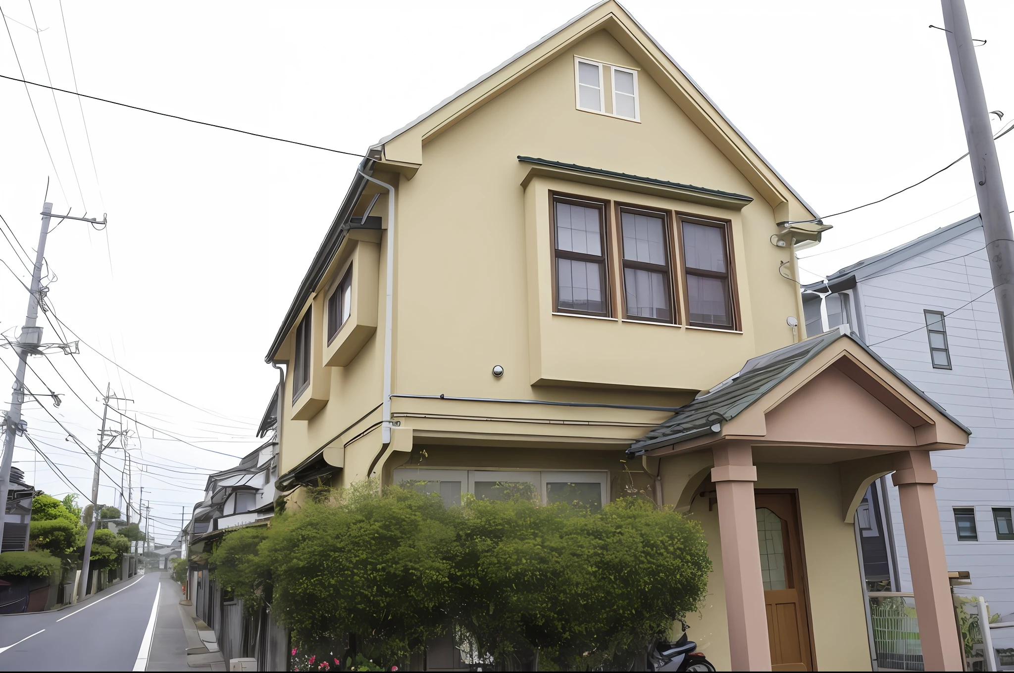 there is a motorcycle parked in front of a house on the street, japanese house, residential area, one house, complete house, view from the street, front side, old house, ghibli studio, exterior view, frontview, style of studio ghibli, 2 4 mm iso 8 0 0, maison ikkoku, japanese neighborhood, hironaka, best quality,masterpiece,Paddy field, anime, Plants are faithful