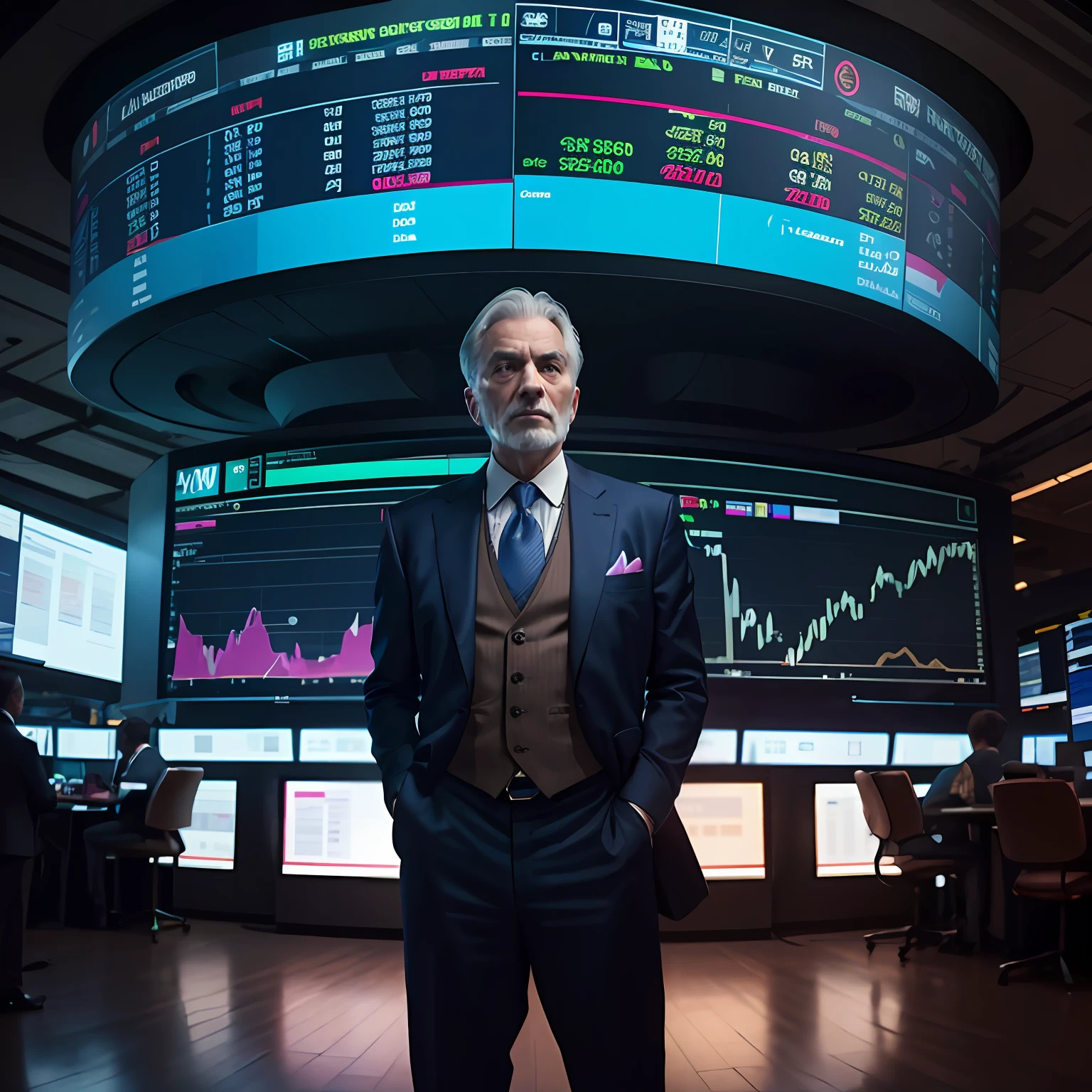 360-degree immersive view, chiaroscuro lighting, a seasoned man, in a tailored suit, intensely operating multiple holographic screens displaying real-time financial markets data, set in a high-tech trading floor of Wall Street, 12k resolution, High Dynamic Range (HDR10+), --ar 16:9" --auto