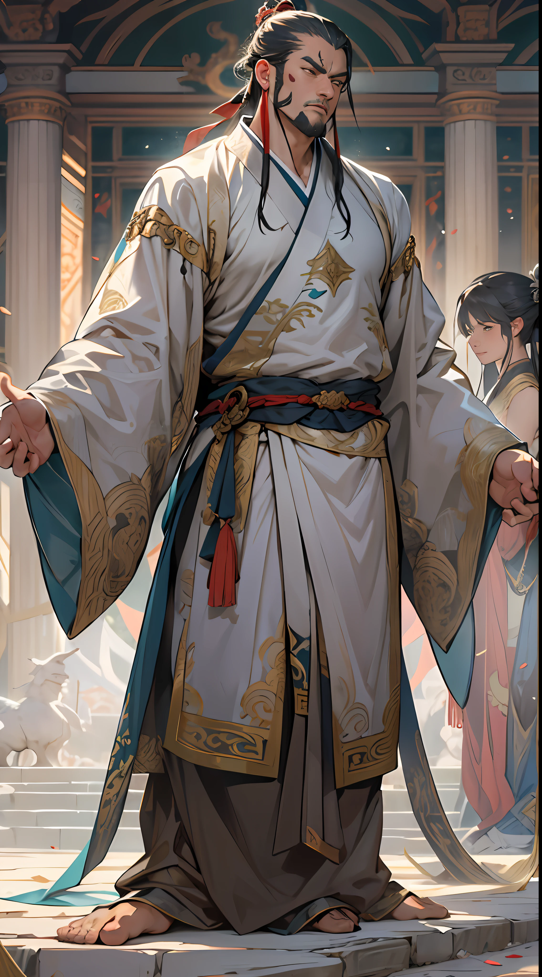 A tall man stood in the square of Dragon Kingdom, exuding a powerful aura. He arrogantly lifted his foot and stepped on Yuan Jie, showcasing his unparalleled strength. The entire square trembled, and the audience was amazed, greatly appreciating Li Gu's display of immense power. , 32k, best quality, masterpiece, super detail, high details,