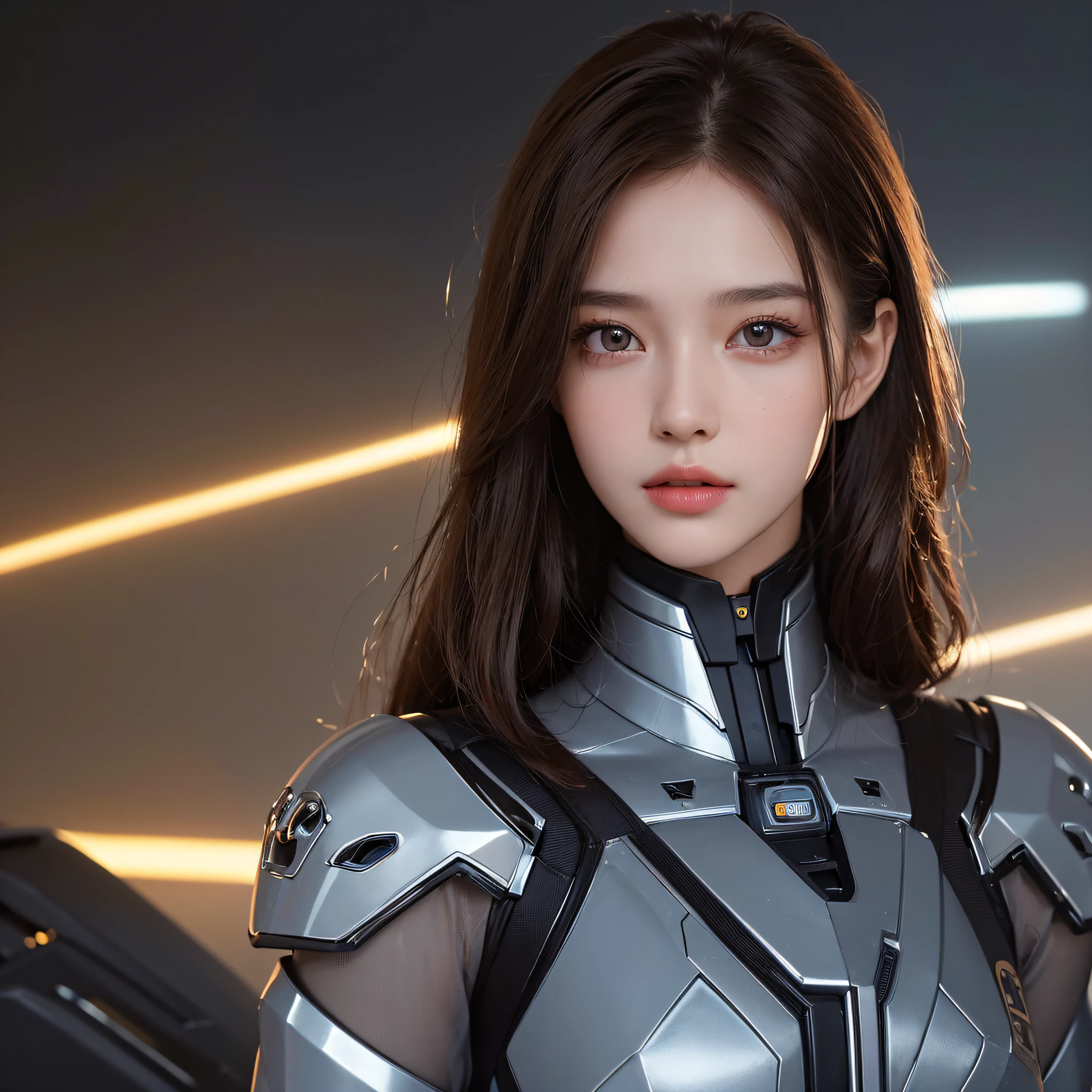 ((Top Quality, 8k, Masterpiece: 1.3)), Beauty, 1 girl, Mecha, Russian Girl, Dark Short Brown Hair, Full Body, (Assymetries Pose), Ultra Detailed Face, Highly Detailed Lips, Detailed Eyes, Double Eyelids, Futuristic Background, Aspect Ratio 9:16 --auto