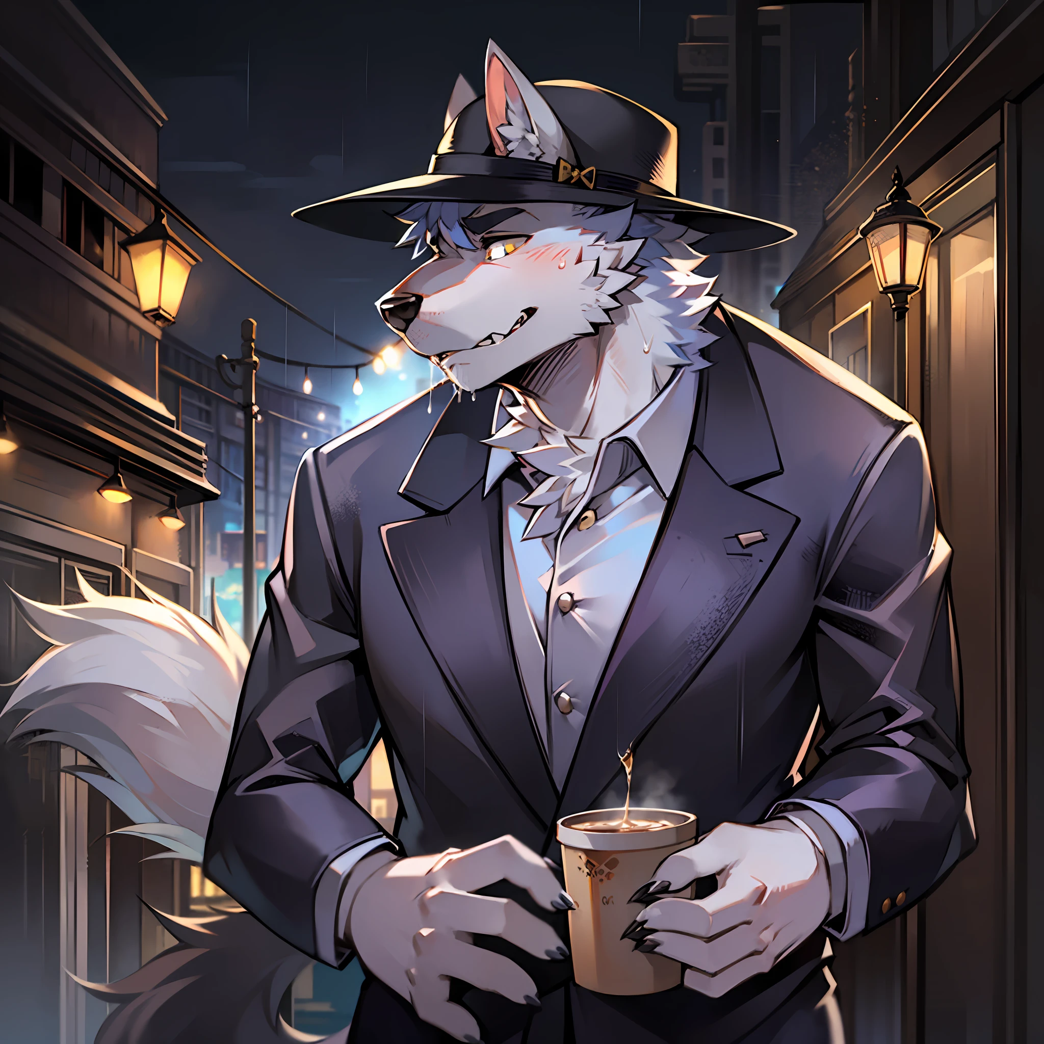 独奏，Wolf orcs，Silver fur，Handsome model，facing away from the audience，wearing black suits，Wearing a gentleman's hat，drinking a coffee，Back Shadow，Heavy rain，Warm light，nighttime scene，coffeehouse，the street lights