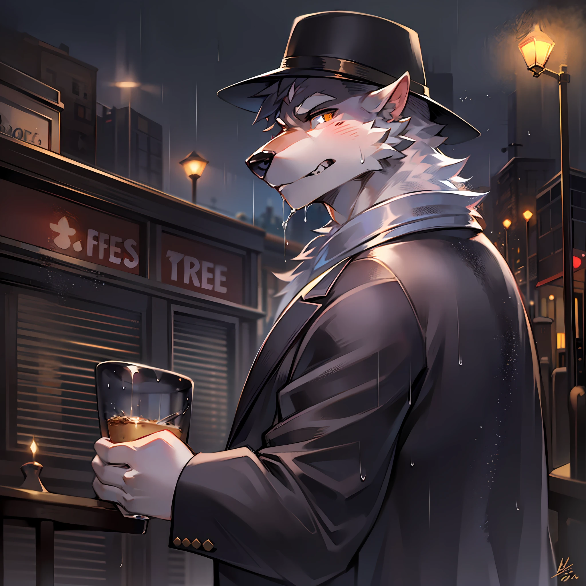 独奏，Wolf orcs，Silver fur，Handsome model，facing away from the audience，wearing black suits，Wearing a gentleman's hat，drinking a coffee，Back Shadow，Heavy rain，Warm light，nighttime scene，coffeehouse，the street lights