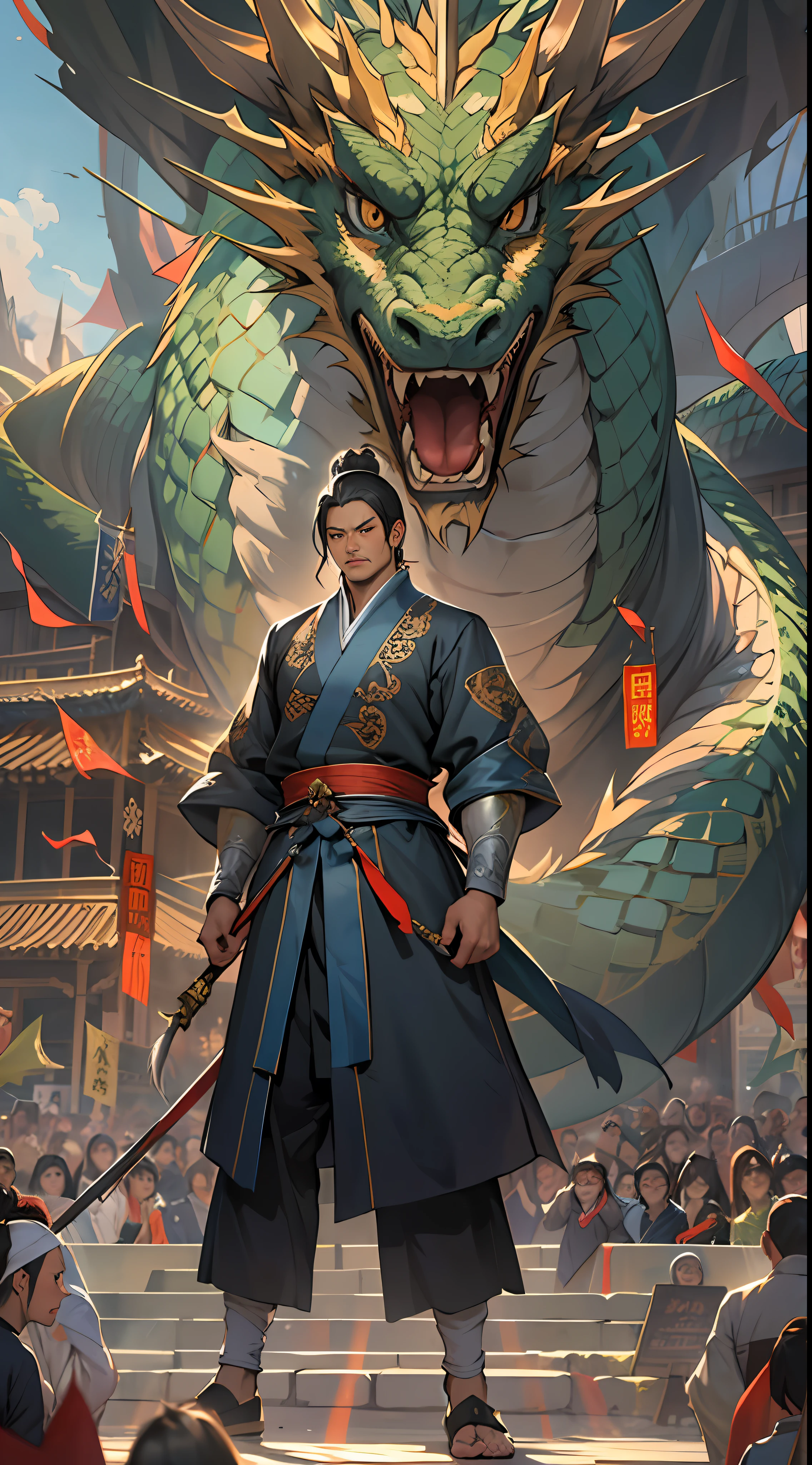 A tall man stood in the square of Dragon Kingdom, exuding a powerful aura. He arrogantly lifted his foot and stepped on Yuan Jie, showcasing his unparalleled strength. The entire square trembled, and the audience was amazed, greatly appreciating Li Gu's display of immense power. , 32k, best quality, masterpiece, super detail, high details,
