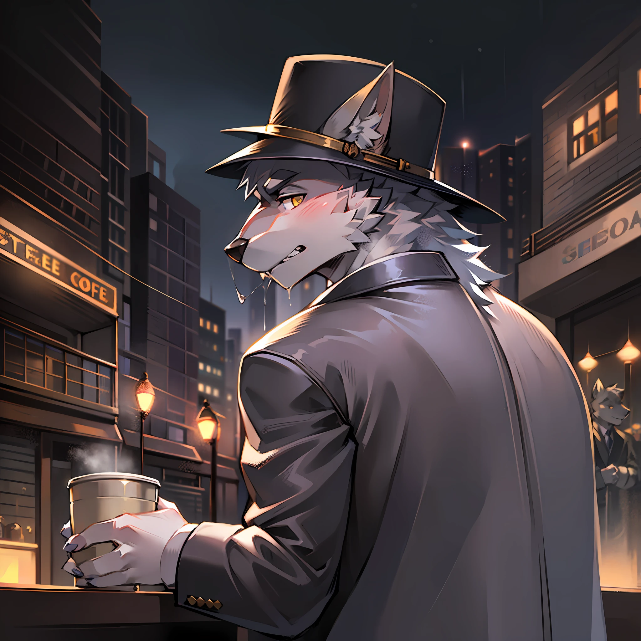 独奏,Wolf orcs,Silver fur,Handsome model,facing away from the audience,wearing black suits,Wearing a gentleman's hat,drinking a coffee,Back Shadow,Heavy rain,Warm light,nighttime scene,coffeehouse,the street lights