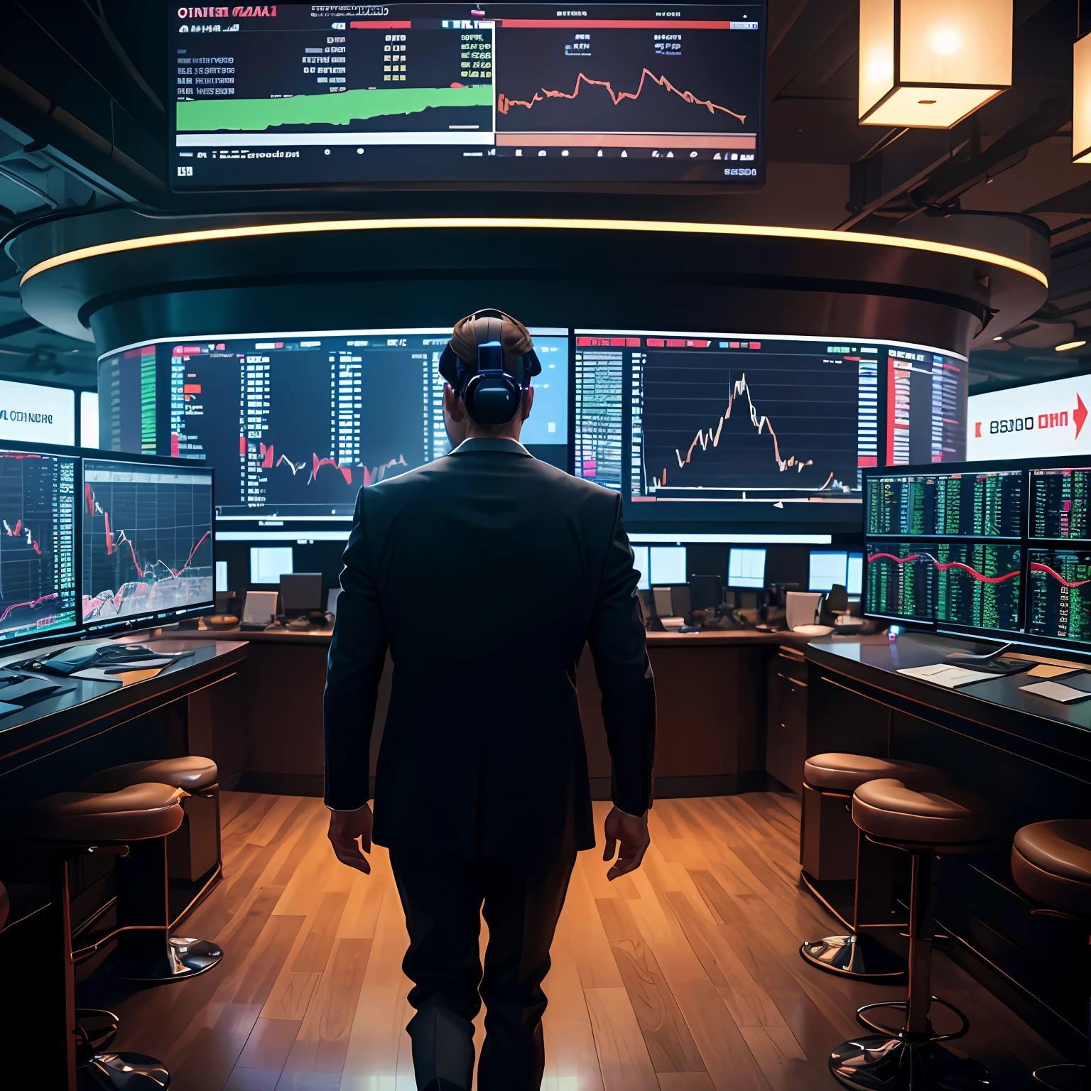 360-degree immersive view, chiaroscuro lighting, a seasoned man, in a tailored suit, intensely operating multiple holographic screens displaying real-time financial markets data, set in a high-tech trading floor of Wall Street, 12k resolution, High Dynamic Range (HDR10+), --ar 16:9" --auto