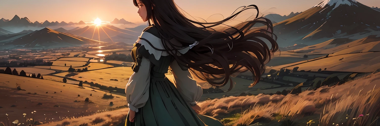 masterpiece, top-quality, The ultra -The high-definition, Top resolution, ighly detailed, pretty skin, Japanese anime, full body Esbian, The whole picture, posterior view, Black eyes, brown haired, looking distantly, a very cute, girl with, long, A dark-haired, straight haired, Meadow at dusk, Hair fluttering in the wind at high altitude, Evening glow, Longer dress --auto