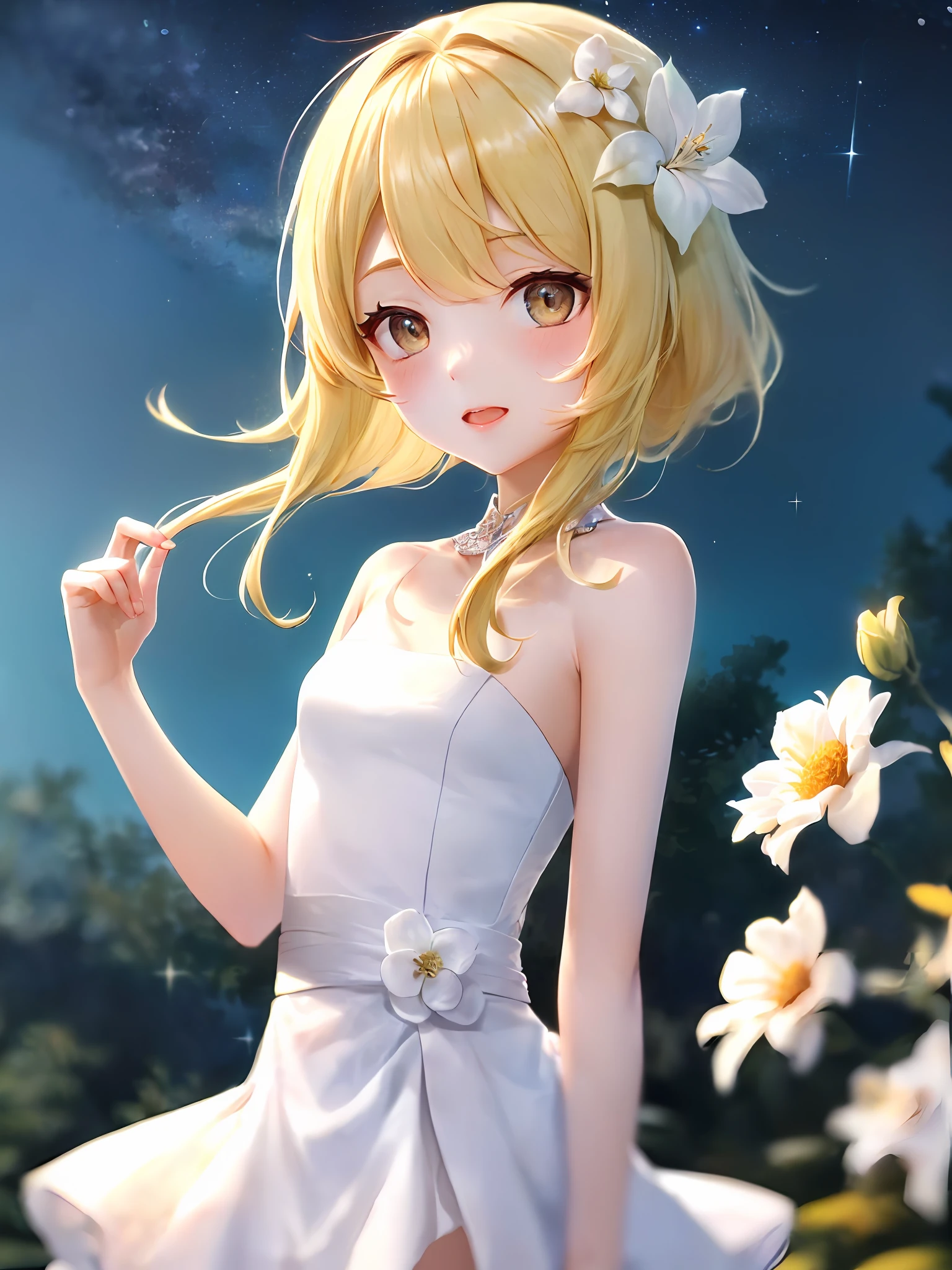 (巨作:1.2), (Best quality:1.2), 1girll, (Single person:1.2)，Cowboy shot, Upper body body，(Cinematic light:1.2)，(Perfect Hand 1.5)， Slender beautiful legs，Golden hair，short detailed hair，Wear white flowers on your head，Playful，Hide hands，(Prairie under the stars:1.2)，lumnious_Genshin_impact,