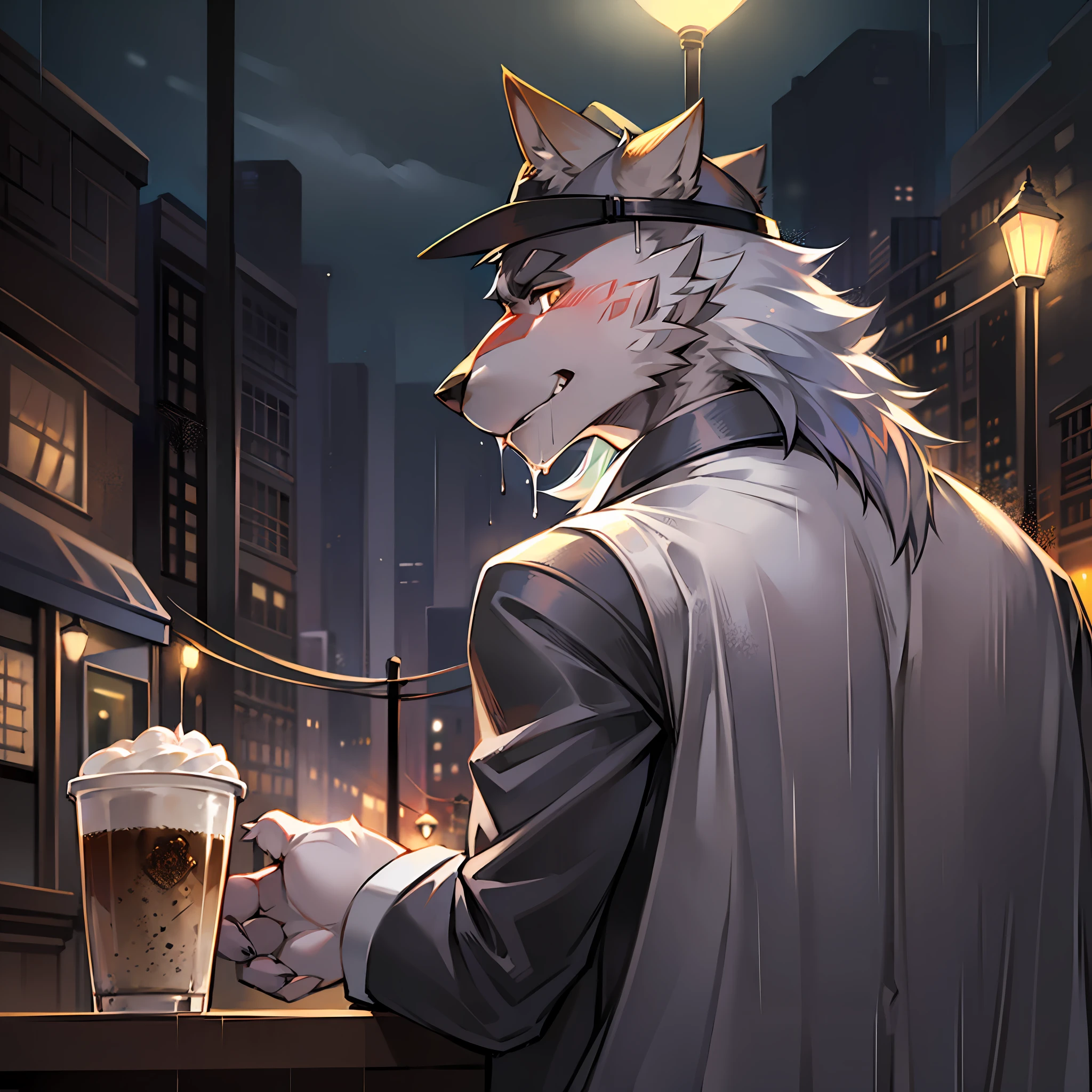 独奏,Wolf orcs,Silver fur,Handsome model,facing away from the audience,wearing black suits,Wearing a gentleman's hat,drinking a coffee,Back Shadow,Heavy rain,Warm light,nighttime scene,coffeehouse,the street lights