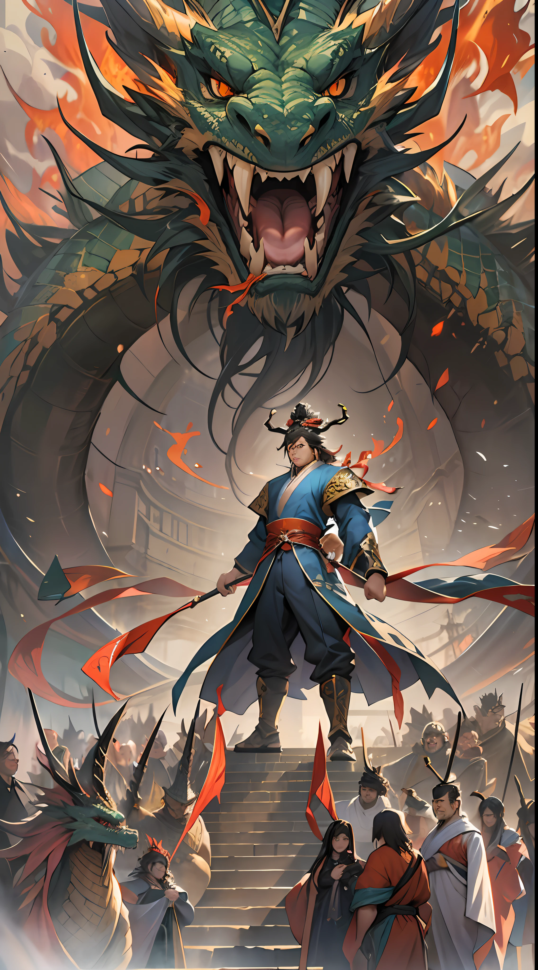 A tall man stood in the square of Dragon Kingdom, exuding a powerful aura. He arrogantly lifted his foot and stepped on Yuan Jie, showcasing his unparalleled strength. The entire square trembled, and the audience was amazed, greatly appreciating Li Gu's display of immense power. , 32k, best quality, masterpiece, super detail, high details,