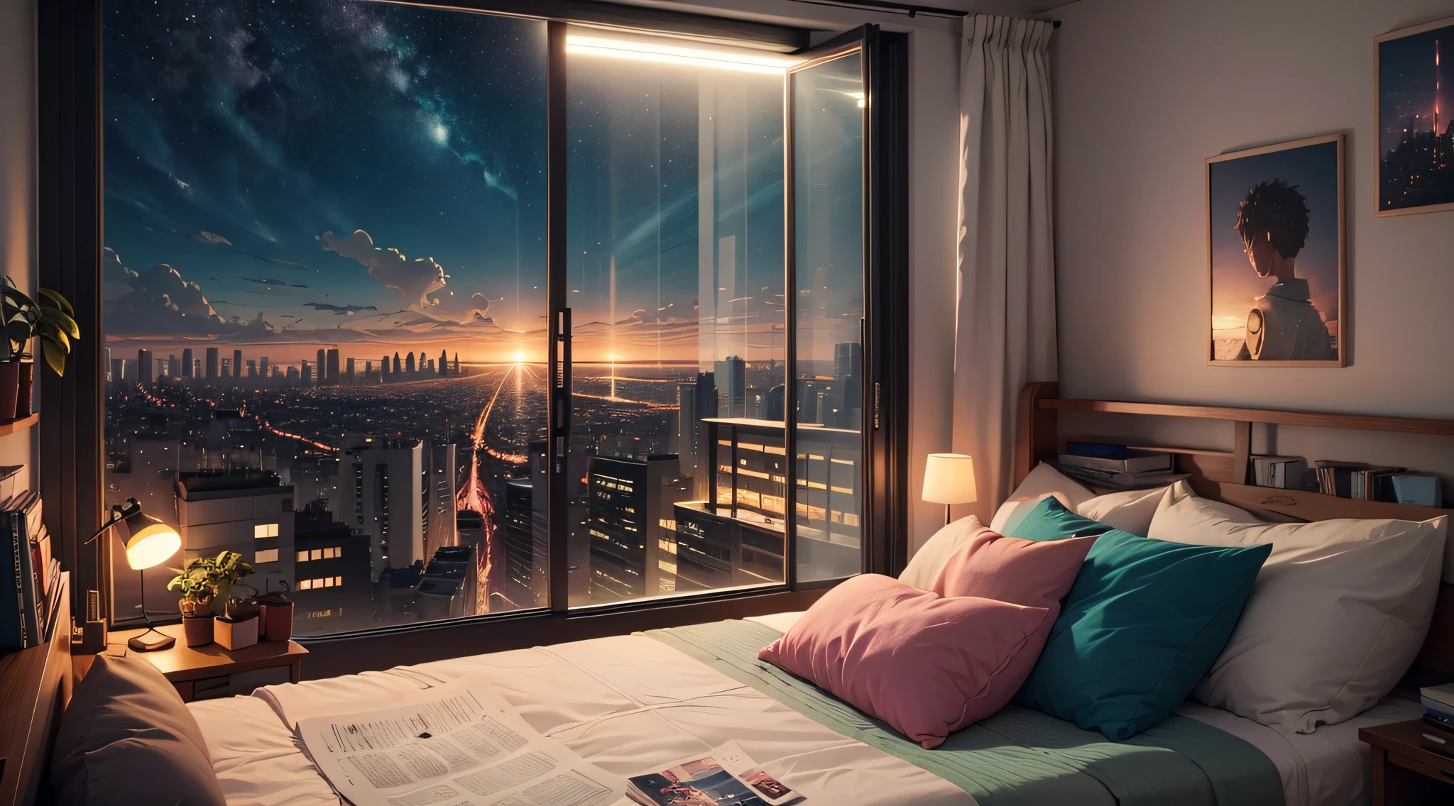 Lofi Music Anime Illustrations, um quarto , com livros, um notebook com uma pela vista de uma cidade a noite, , uma atmosfera agradavel e um pouco escuro o quarto grande com muitos livros, uma cama e um fone de ouvido em cima da cama --auto