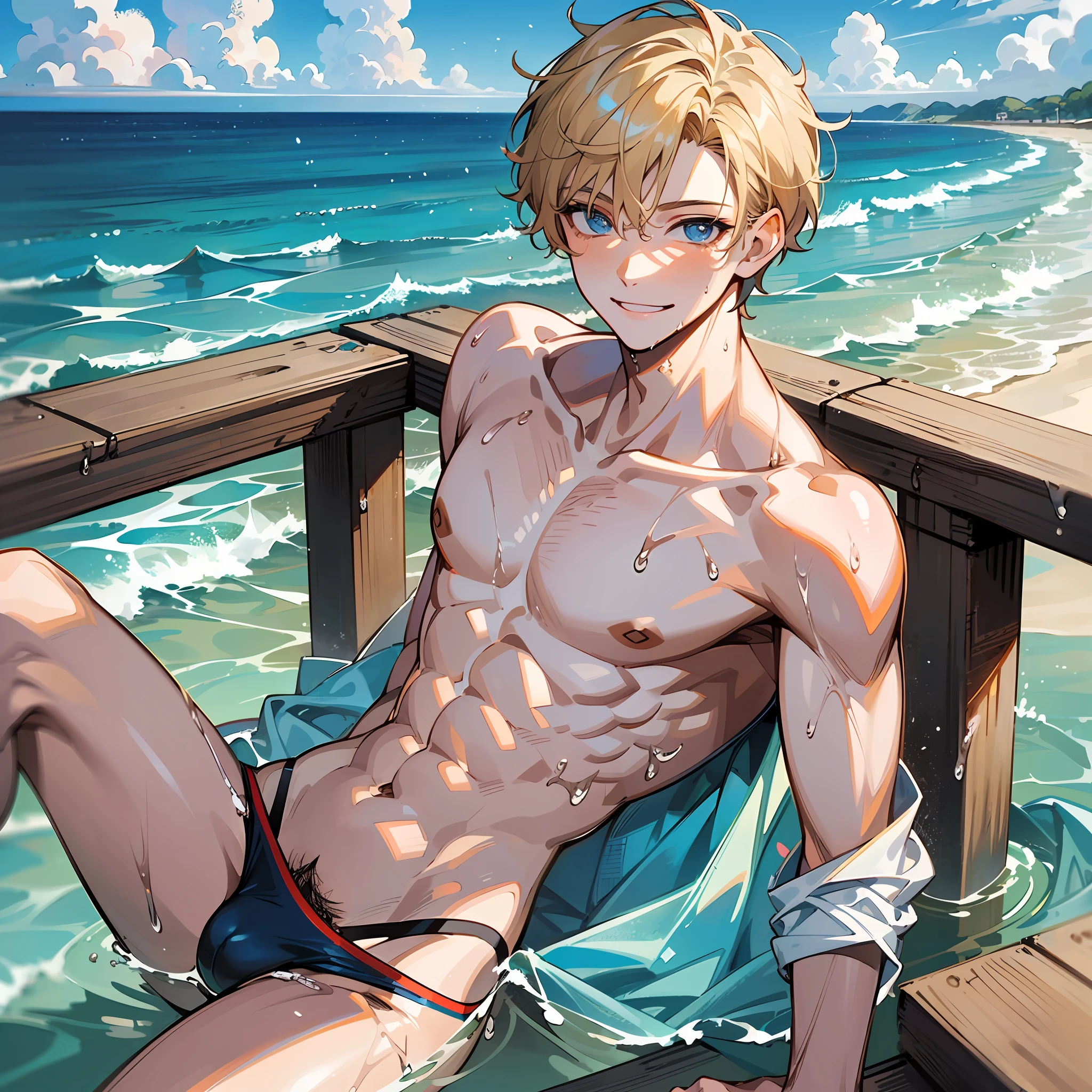 ((masterpiece)),(((best quality))), (high-quality, breathtaking),(expressive eyes, perfect face), 1boy, solo, male, short, young, 18 yo boy, short blonde hair, blue eyes, smiling, speedos, slim, shirtless, pubic hair, wet, under water, ocean, beautiful scenery, blue sky --auto