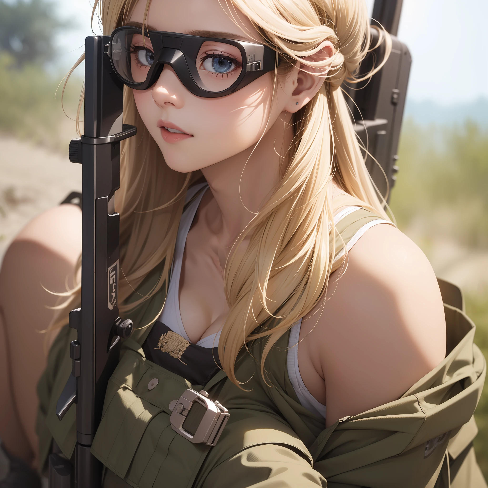 top-quality、​masterpiece、hight resolution、女の子 1 人、Beautiful expression、On the body、(high-detail skin:1.2)、8K UHD、Digital SLR、Soft lighting、hightquality、volume illumination、Frankness、hight resolution、4K、8K、Bokeh、mideum breasts、Open fingers、(hair-color:a blond:1)、white  panties、Tank Tops、goggles、Jungle Boots、Handgun、Wasteland、A desert、jeep、heavy machine gun、Anti-tank guns、