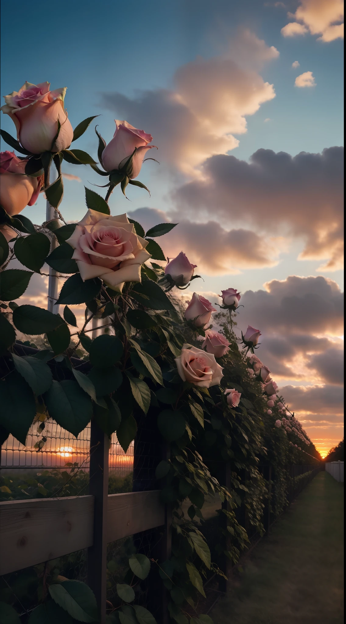 The sky is a magnificent sunset, In front of it is a row of white fences, The fence is covered with delicate roses, The colors of the roses are colorful, The whole picture is romantic, reality, high detail, Realism, chromatic aberration, chiaroscuro, UHD, masterpiece, ccurate, anatomically correct, super detail, high details, high quality, award winning, best quality, highres, 16k