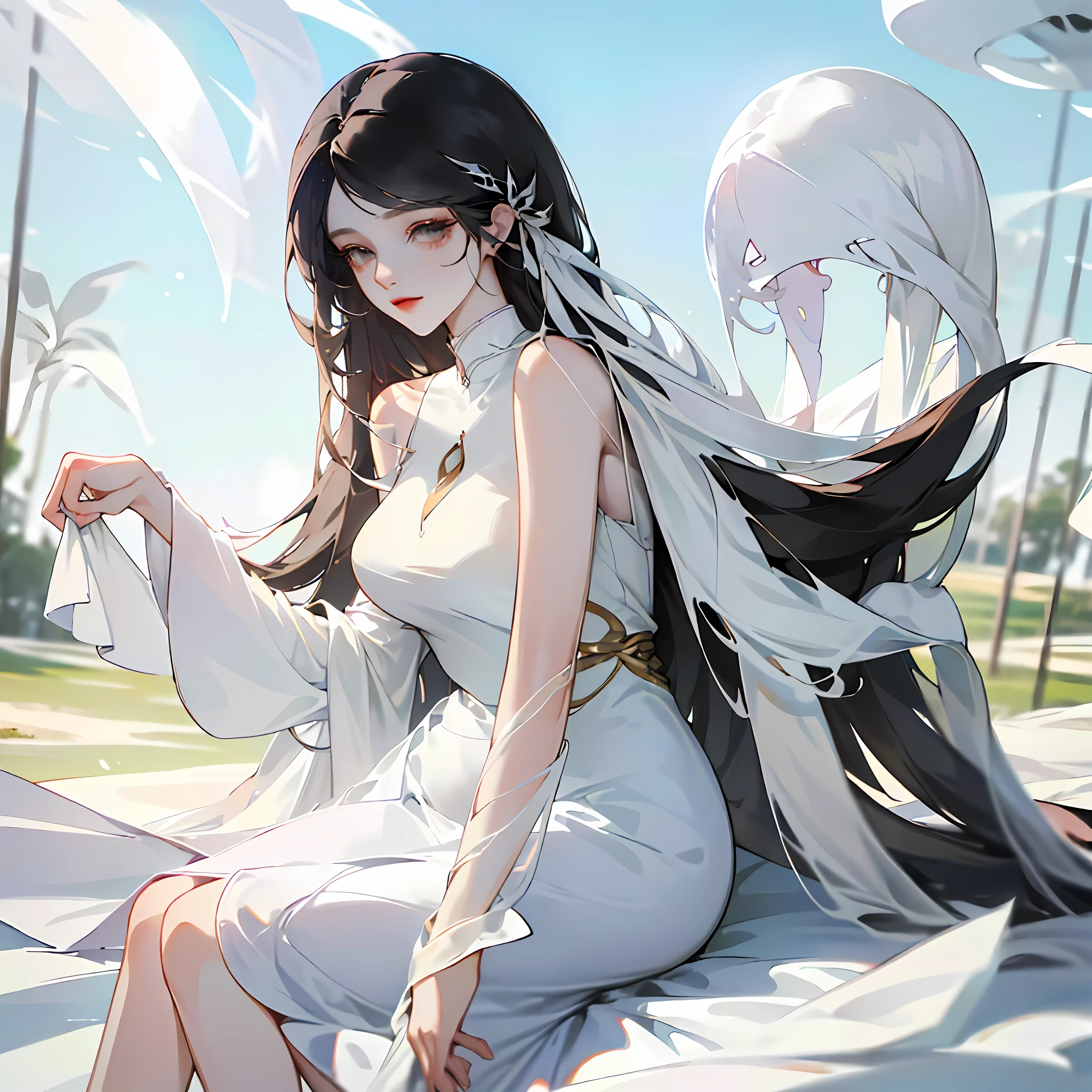 (white clothes:1.2,cabelos preto e longos:1.2,Hair goes with the wind:1.1,Slender legs:1.3,perfect bodies:1.1) A masterpiece,Ultra HD is the ultimate,The details are picturesque,Stunning graphics。 --auto