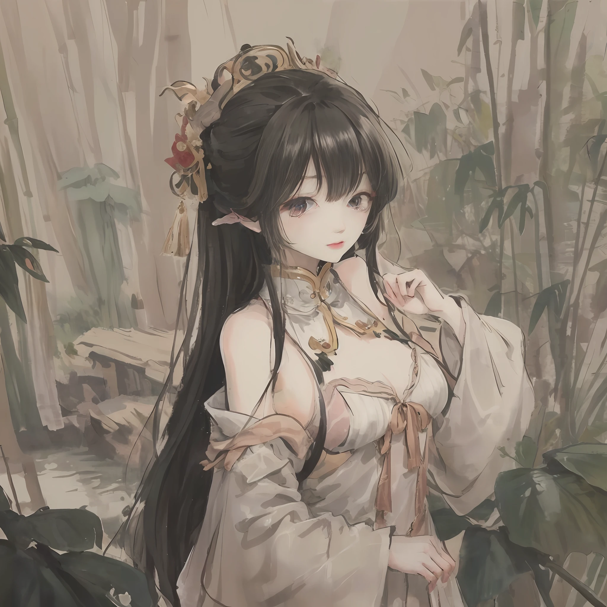 In a dense bamboo forest,Standing was a long bright black hair,A gentle breeze,Chinese vintage white long dress,Beautiful and cute,s girl,water ink,Look at you with wide eyes,A hand caresses a bamboo leaf,With one hand in front of him, two fingers pinched the talisman paper, 8K wallpaper, Highly detailed, 18-year-old girl, Black hair, Long hair, Detailed eyes, bamboo forrest, Bare shoulders, lakes, Pure, Soft smile