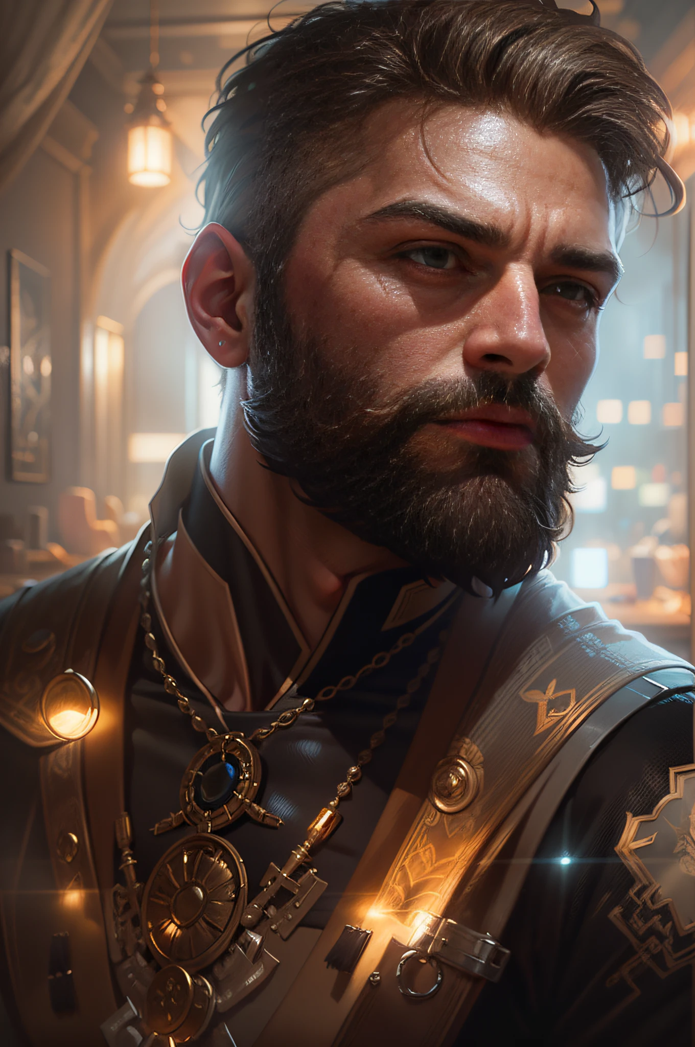 Portrait of a bearded man with hazel eyes, hazel eyes, Handsome, Muscular, Intricate, elegant, Glowing lights, Muscular, Highly detailed, Digital painting, art  stations, concept-art, smooth, Sharp focus, illustration, art by wlop, mars ravelo and greg rutkowski