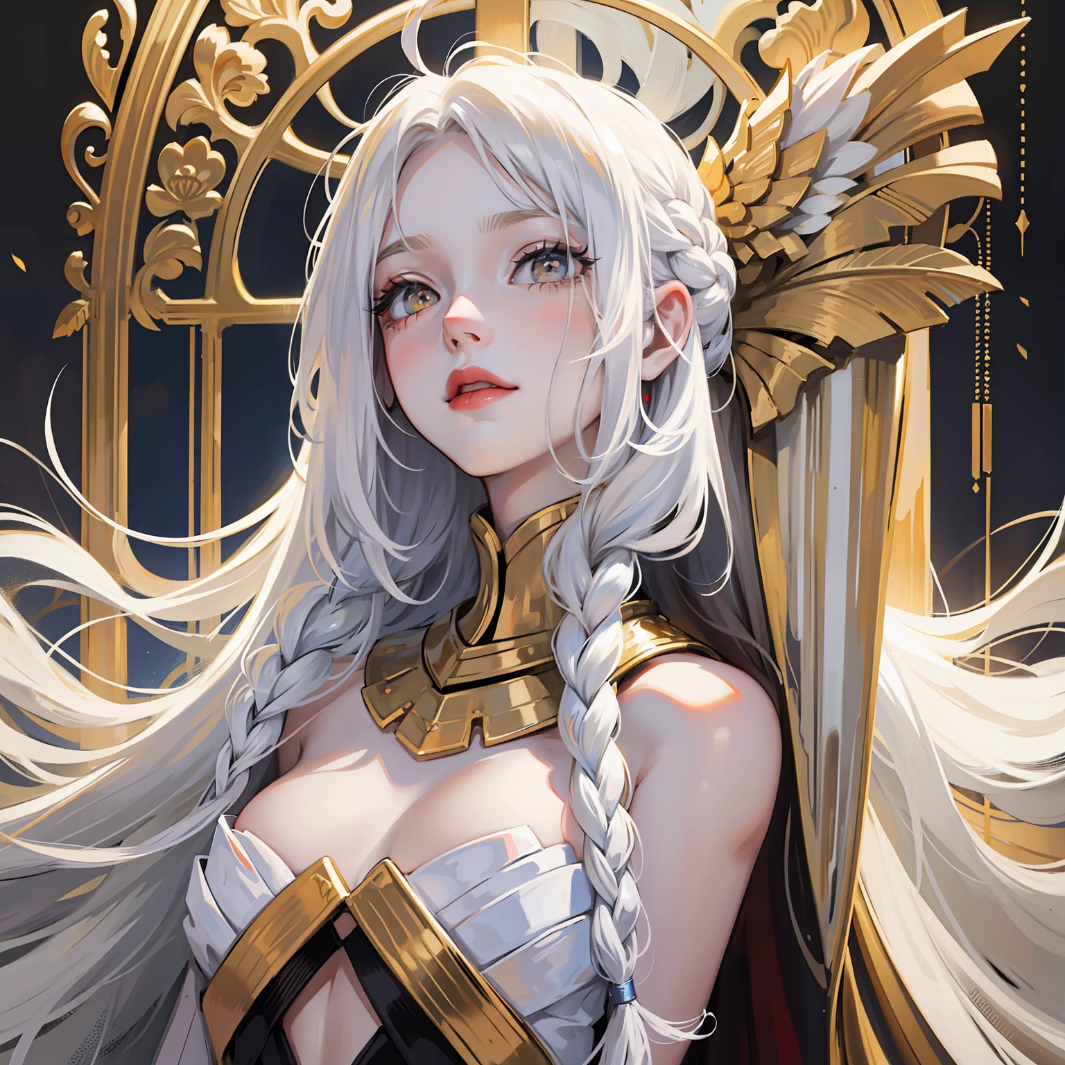 Manteau blanc,white skinned,long braid,Golden eyes,Look up,The upper part of the body,Need,tmasterpiece