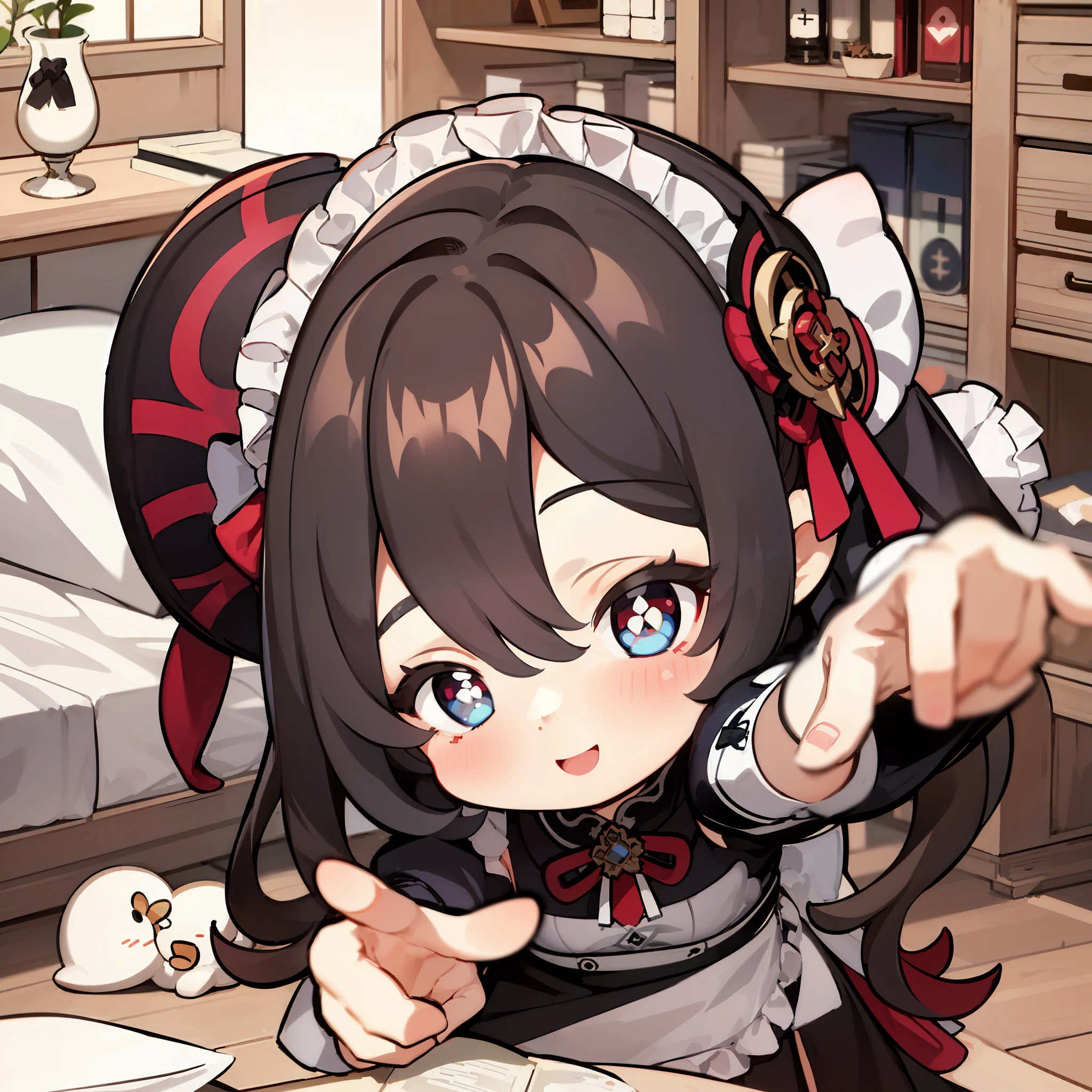 masterpiece, best quality, chibi, 1girl, solo, nahida_genshin, maid uniform, cross-shaped pupils, pointing