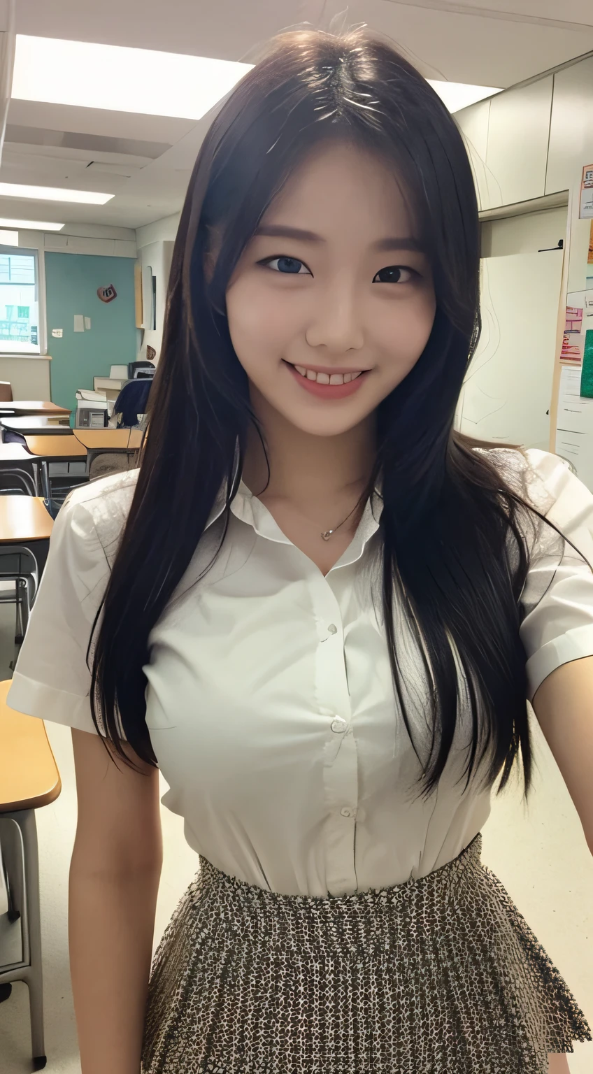 Highly detailed 8k wallpaper), sharp focus, detailed, dramatic, white shirt, miniskirt, sexy, smile, peek at the viewer, beautiful graphics, bright school building, full of students, showing the whole body,.