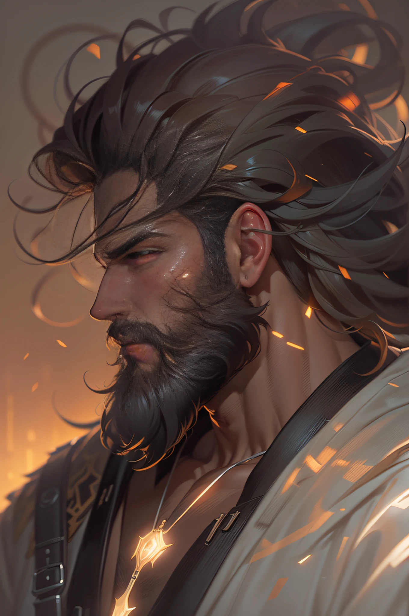 Portrait of a bearded man with hazel eyes, hazel eyes, Handsome, Muscular, Intricate, elegant, Glowing lights, Muscular, Highly detailed, Digital painting, art  stations, concept-art, smooth, Sharp focus, illustration, art by wlop, mars ravelo and greg rutkowski