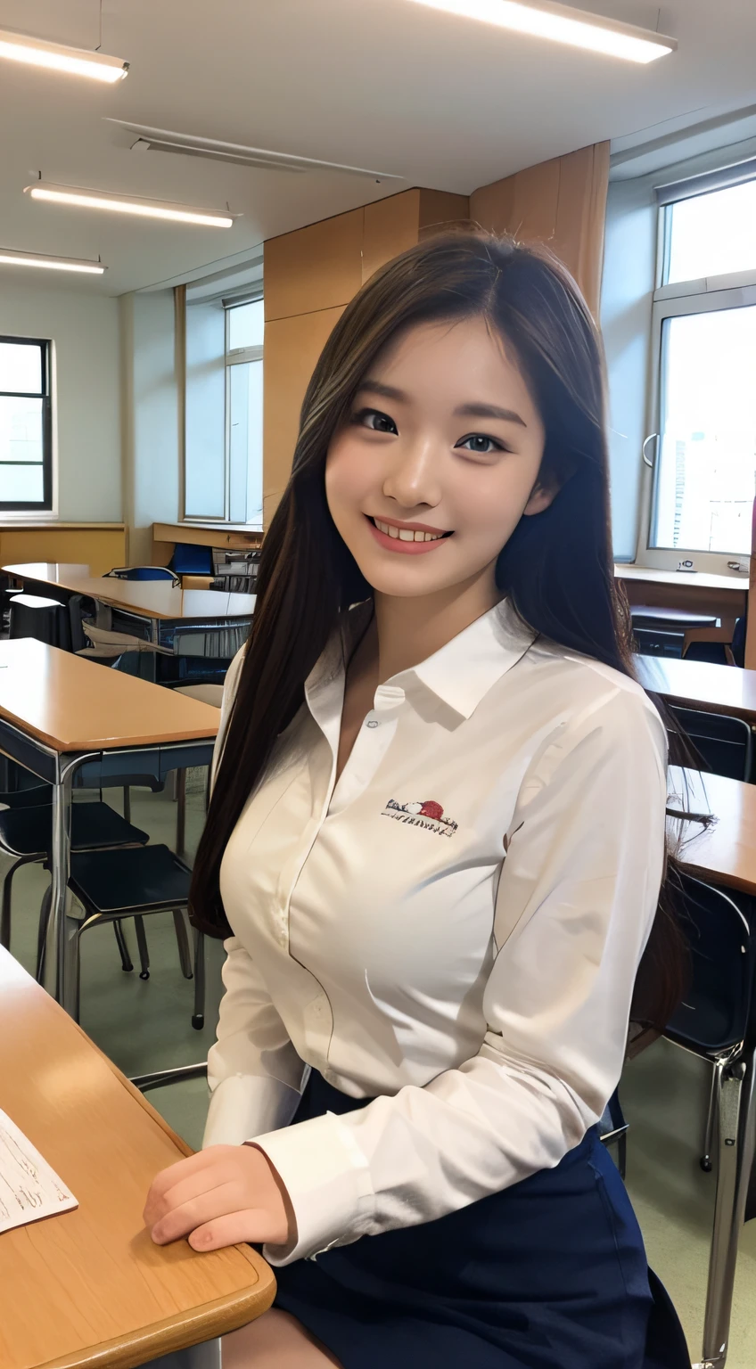 Highly detailed 8k wallpaper), sharp focus, detailed, dramatic, white shirt, miniskirt, sexy, smile, peek at the viewer, beautiful graphics, bright school building, full of students, showing the whole body,.
