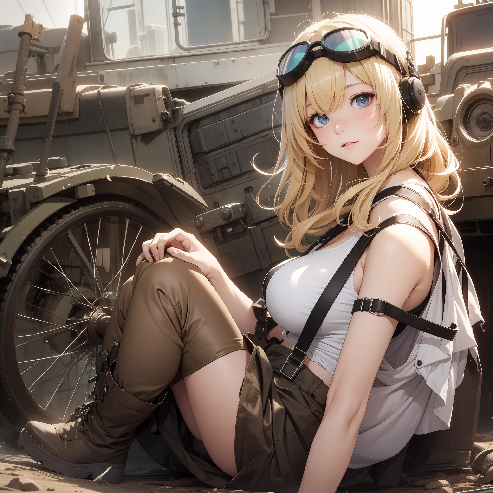 top-quality、​masterpiece、hight resolution、女の子 1 人、Beautiful expression、On the body、(high-detail skin:1.2)、8K UHD、Digital SLR、Soft lighting、hightquality、volume illumination、Frankness、hight resolution、4K、8K、Bokeh、mideum breasts、Open fingers、(hair-color:a blond:1)、White panties without bra、Sheer tank top、goggles、Jungle Boots、Handgun、Wasteland、A desert、jeep、heavy machine gun、Anti-tank guns、perspiring、Covered in love juice、Semen