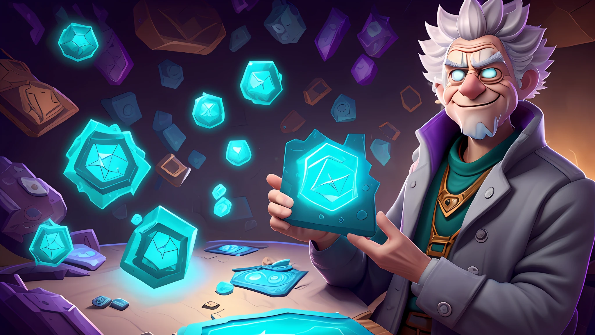 Rick Sanchez segurando uma placa com uma luz sobre ela, Lendas de Runeterra, estilo de duelyst, artefato - livre, Runas perdidas, epic legends game icon, 8 K HD WallpaperArtefato jpeg, 8k hd wallpaperjpeg artefato, Hextech, holographic runes, Locklegion, magic rune, Runic