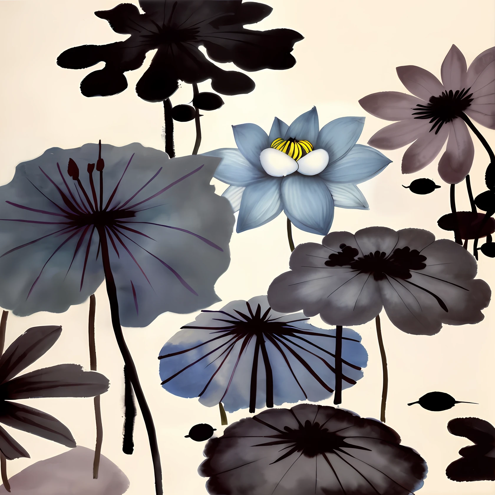 Ink painting lotus small fish