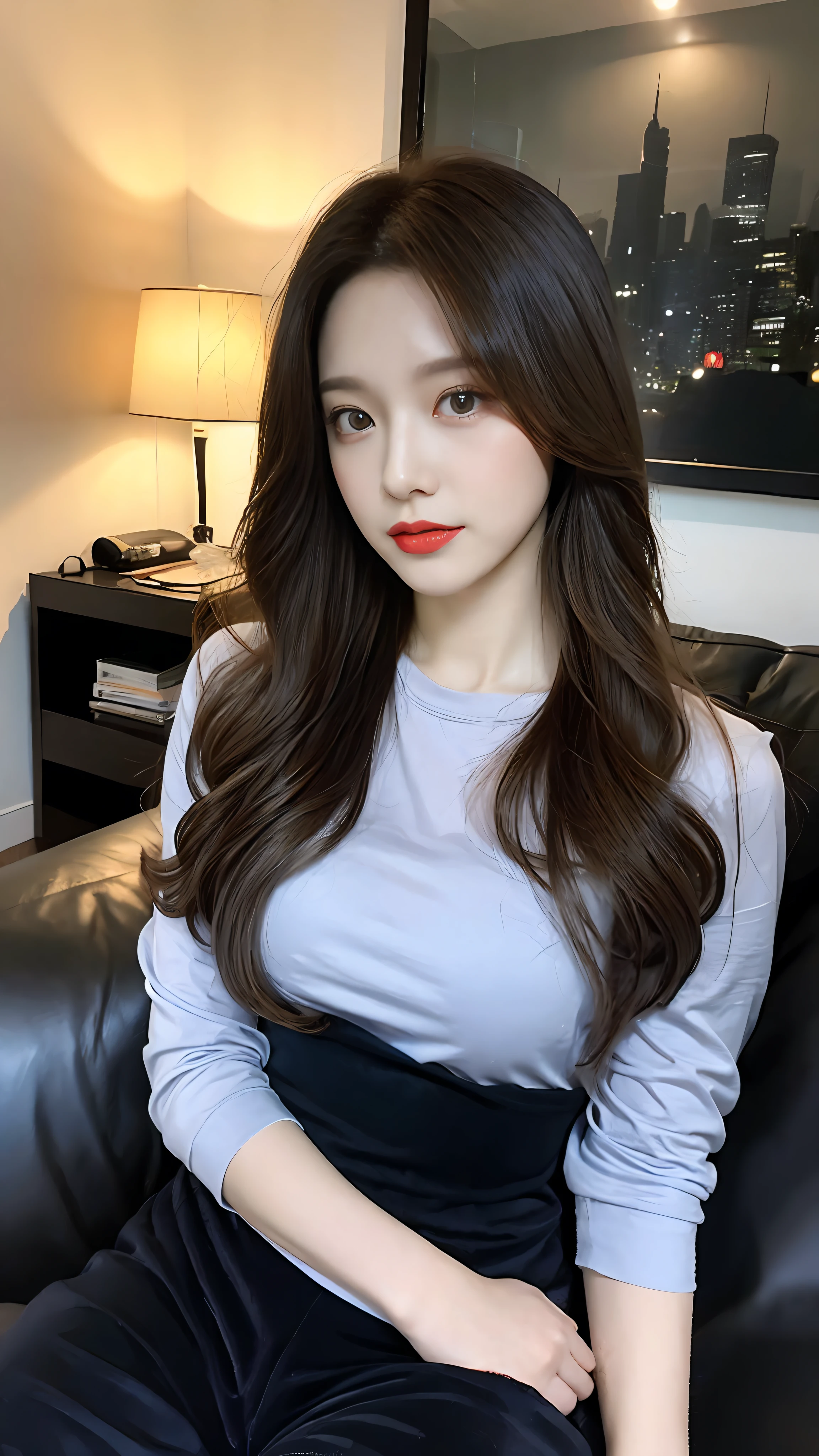 best qualtiy，tmasterpiece，超高分辨率，（realisticlying：1.4），1girll,long whitr hair，messy  hair，Sitting on the sofa in the bedroom in black pajamas，Dim light，movie atmosphere，Dracula filter