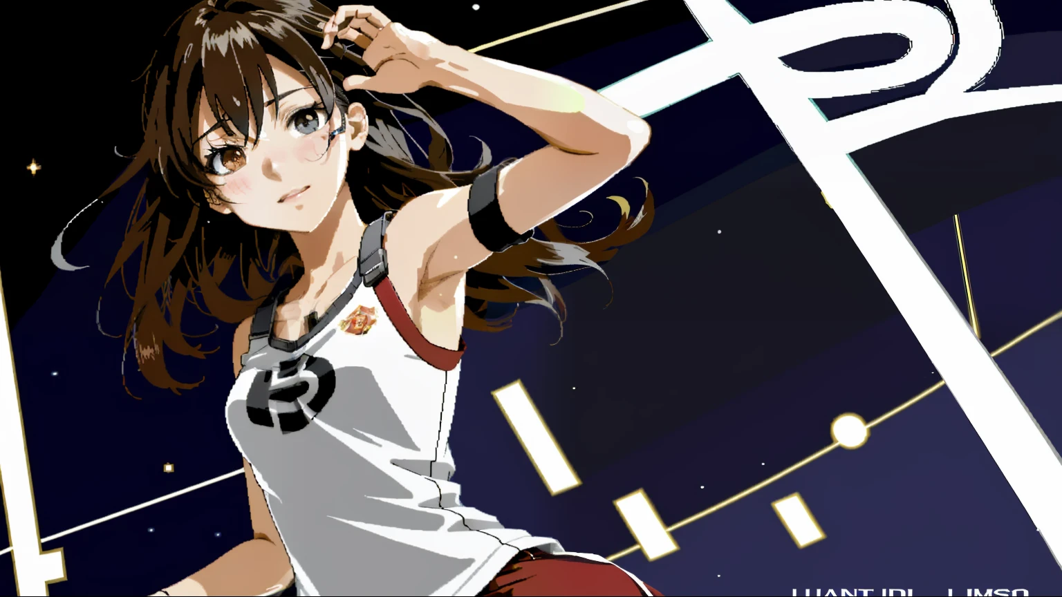 Anime Girl, Messy black-brown hair at shoulder length, Heterochromia brown and gray, Manchester United red jersey , Happy, shopping, Anime-style girl with beautiful whole body, sweat leggs, clean detailed faces, intracate clothing, analogous colors, Glowing shadows, beautiful gradients, depth of fields, CLEAN IMAGE, High quality, high detailing, High Definition, Luminous Studio graphics engine, Cute face, Slim waist, lovely hip