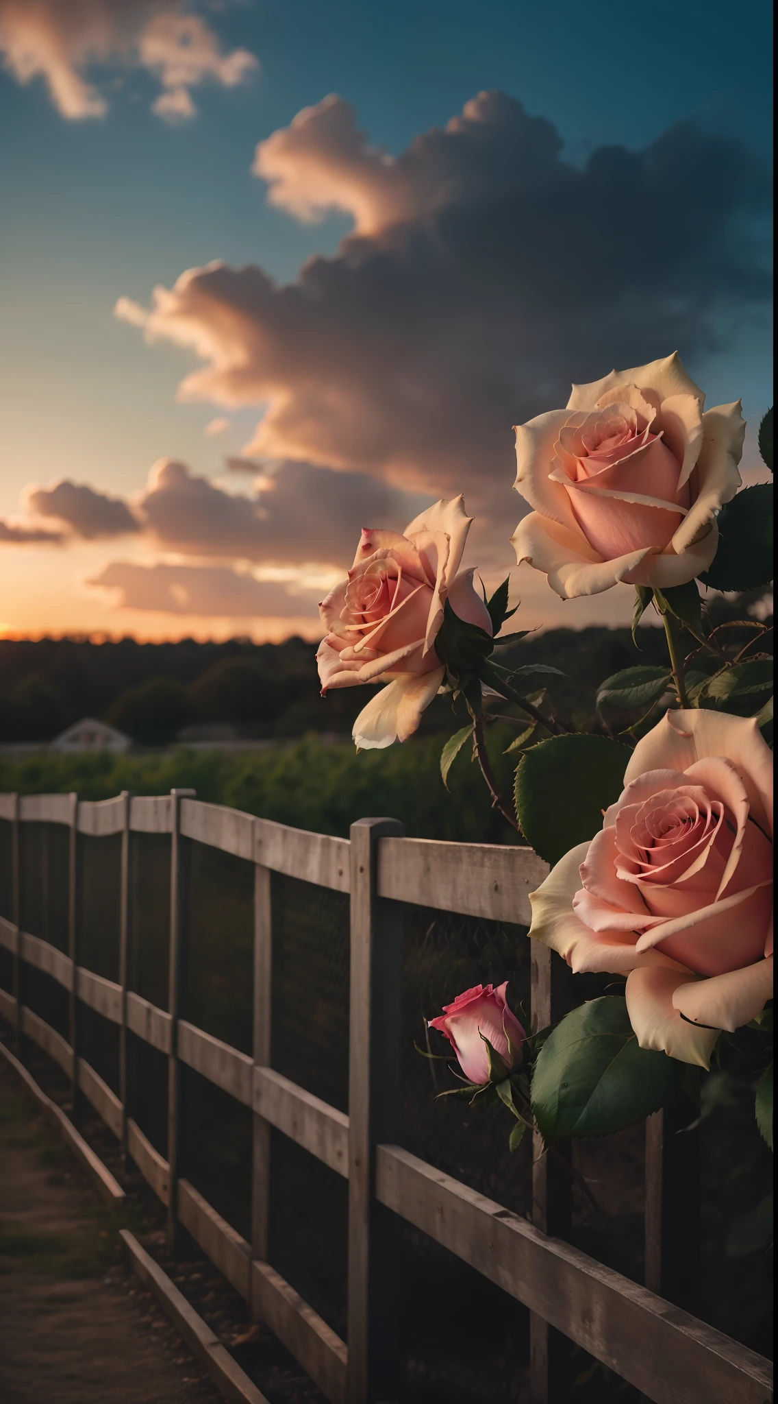 The sky is a magnificent sunset, In front of it is a row of white fences, The fence is covered with delicate roses, The colors of the roses are colorful, The whole picture is romantic, reality, high detail, Realism, chromatic aberration, chiaroscuro, UHD, masterpiece, ccurate, anatomically correct, super detail, high details, high quality, award winning, best quality, highres, 16k
