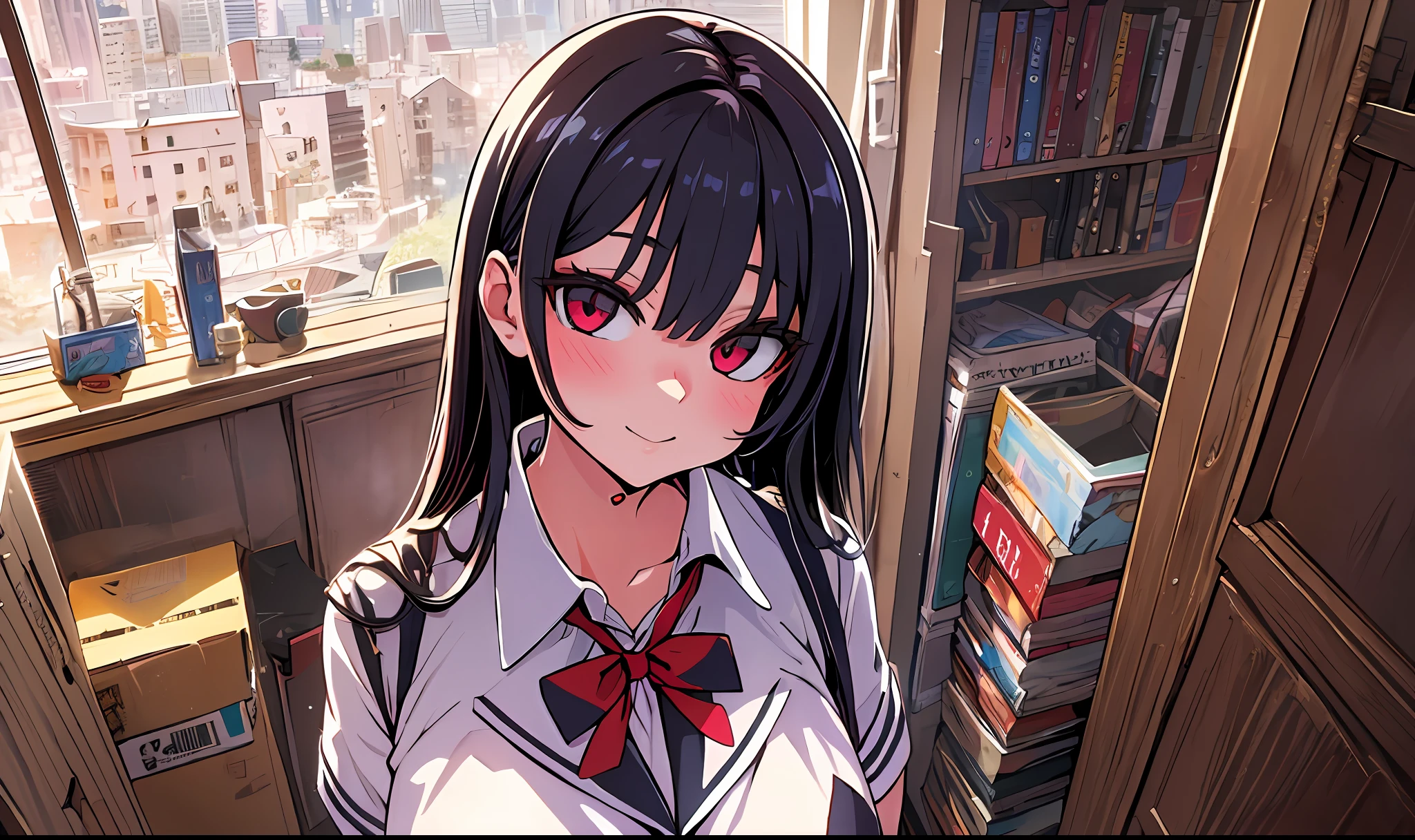 a masterpiece of, best qualtiy, high_resolution, Fine details, highly detailed and beautiful, Distinct_image, (One girl), ,Red-eyed,(huge-breasted), (tits out),Curve,Full body,(school uniform),look up to,Heart mark