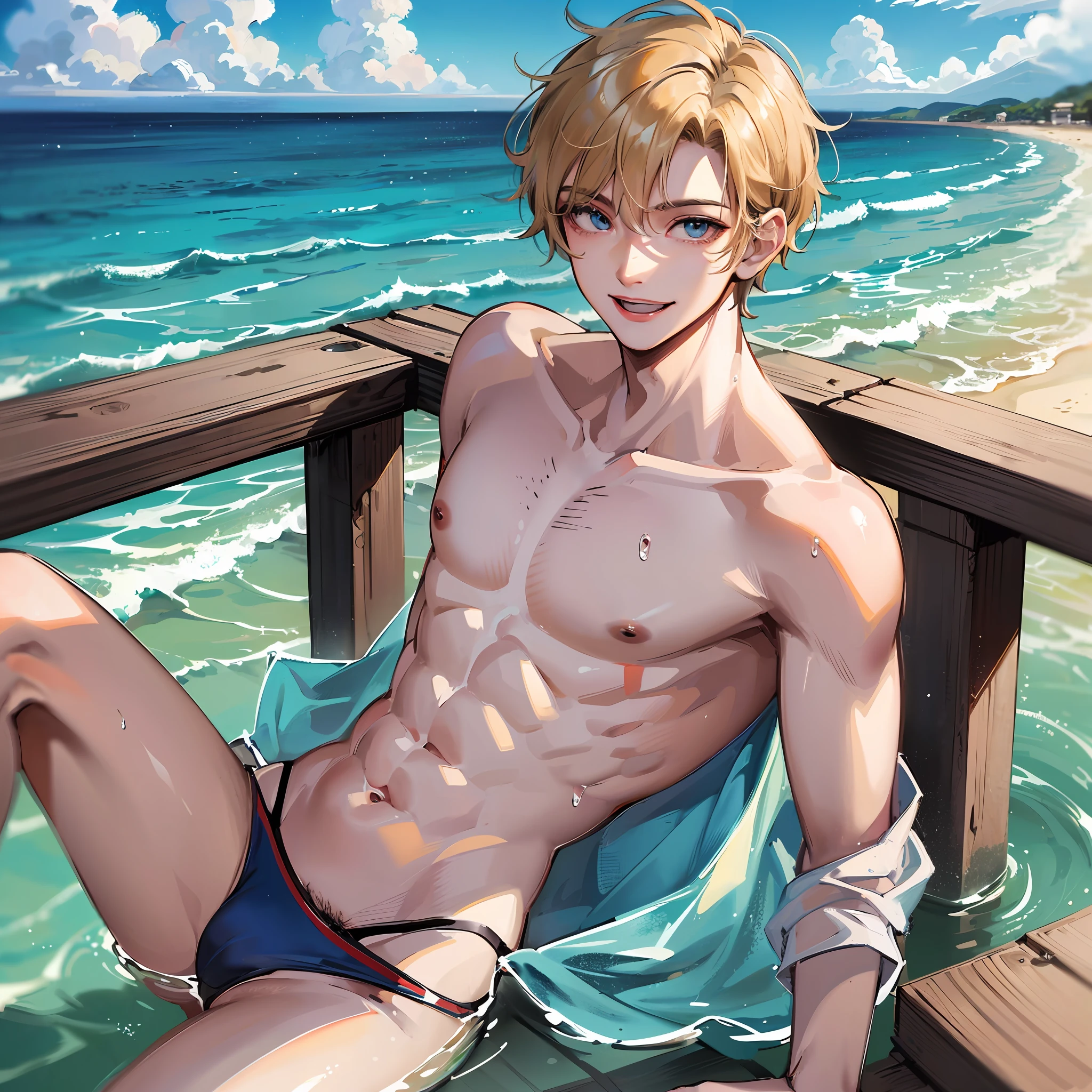 ((masterpiece)),(((best quality))), (high-quality, breathtaking),(expressive eyes, perfect face), 1boy, solo, male, short, young, 18 yo boy, short blonde hair, blue eyes, smiling, speedos, slim, shirtless, pubic hair, wet, under water, ocean, beautiful scenery, blue sky --auto