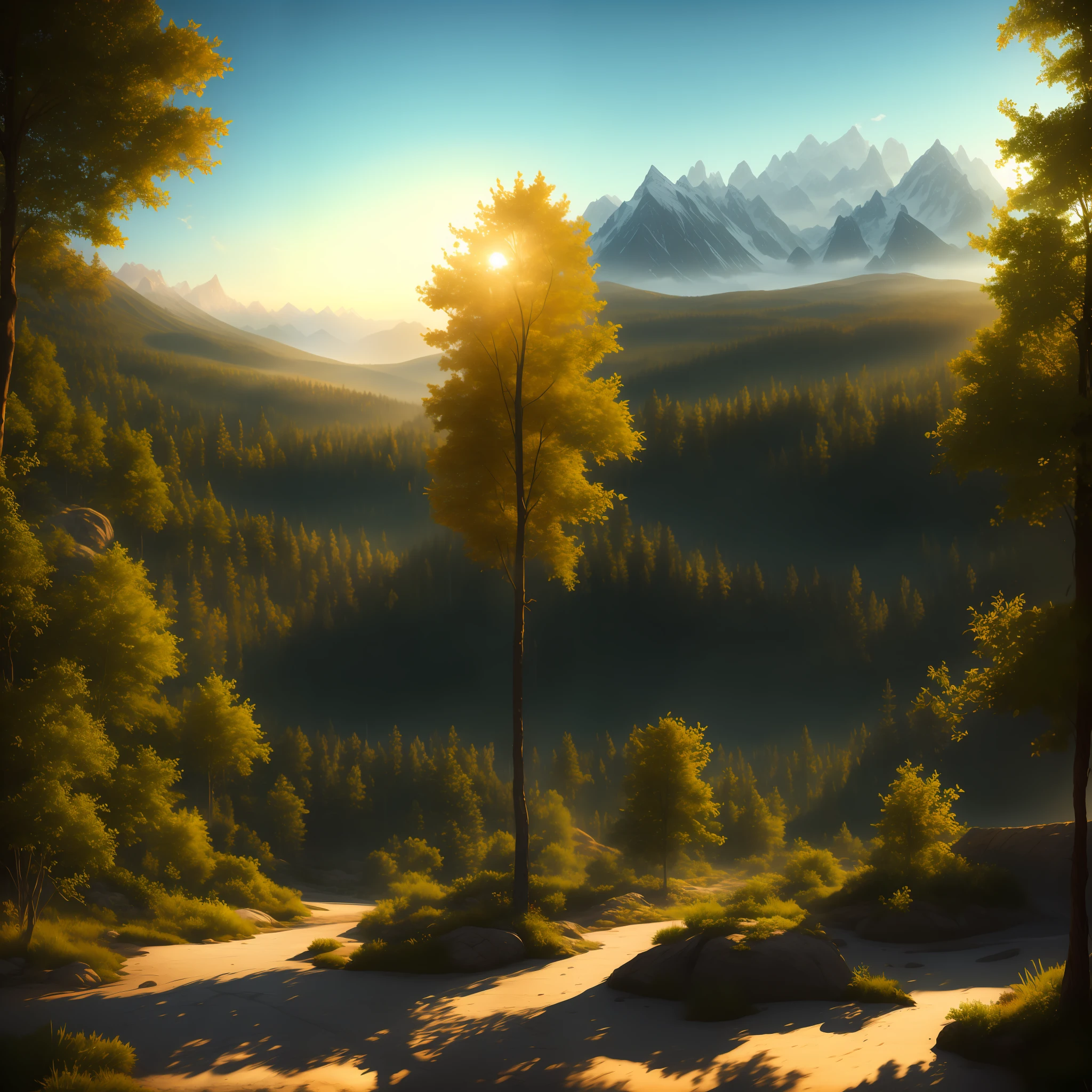 Forest with green leaves at sunset, snowy mountain on background, photorealistic, professional canvas by greg rutkowski, joe madureira, jody bergsma and boris vallejo, triadic colors, deep color, dynamic lighting, volumetric lighting, shading with dark edges, richly detailed, matte background, enameled glass, style octane render, high quality --auto