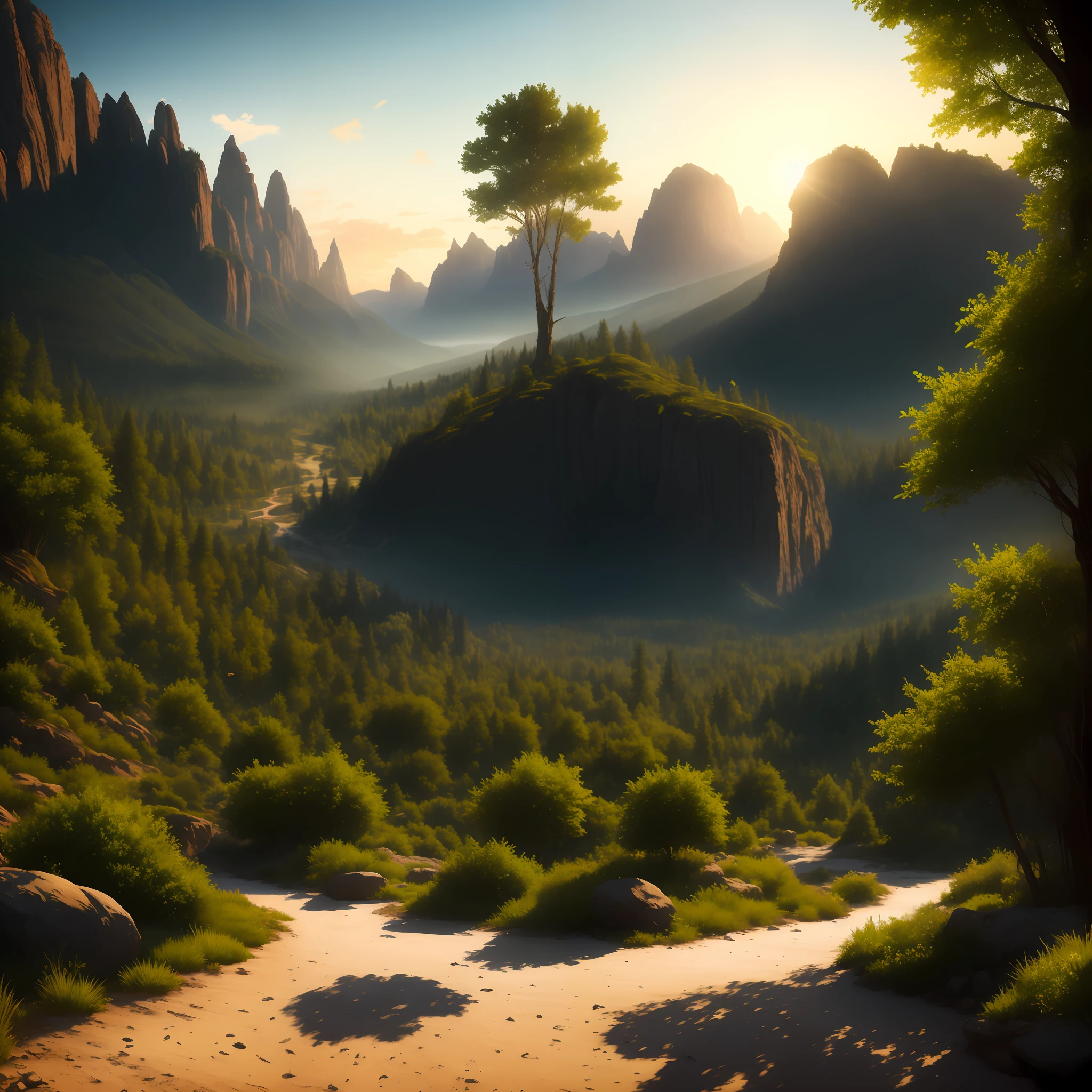 Forest with green leaves at sunset, snowy mountain on background, photorealistic, professional canvas by greg rutkowski, joe madureira, jody bergsma and boris vallejo, triadic colors, deep color, dynamic lighting, volumetric lighting, shading with dark edges, richly detailed, matte background, enameled glass, style octane render, high quality --auto