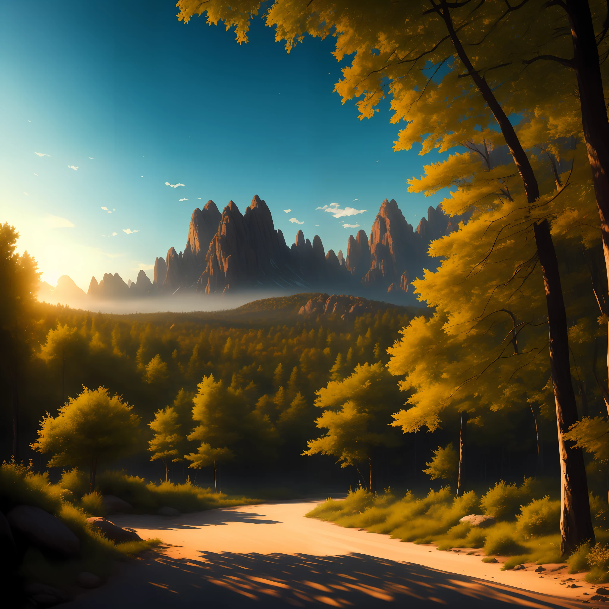 Forest with green leaves at sunset, snowy mountain on background, photorealistic, professional canvas by greg rutkowski, joe madureira, jody bergsma and boris vallejo, triadic colors, deep color, dynamic lighting, volumetric lighting, shading with dark edges, richly detailed, matte background, enameled glass, style octane render, high quality --auto