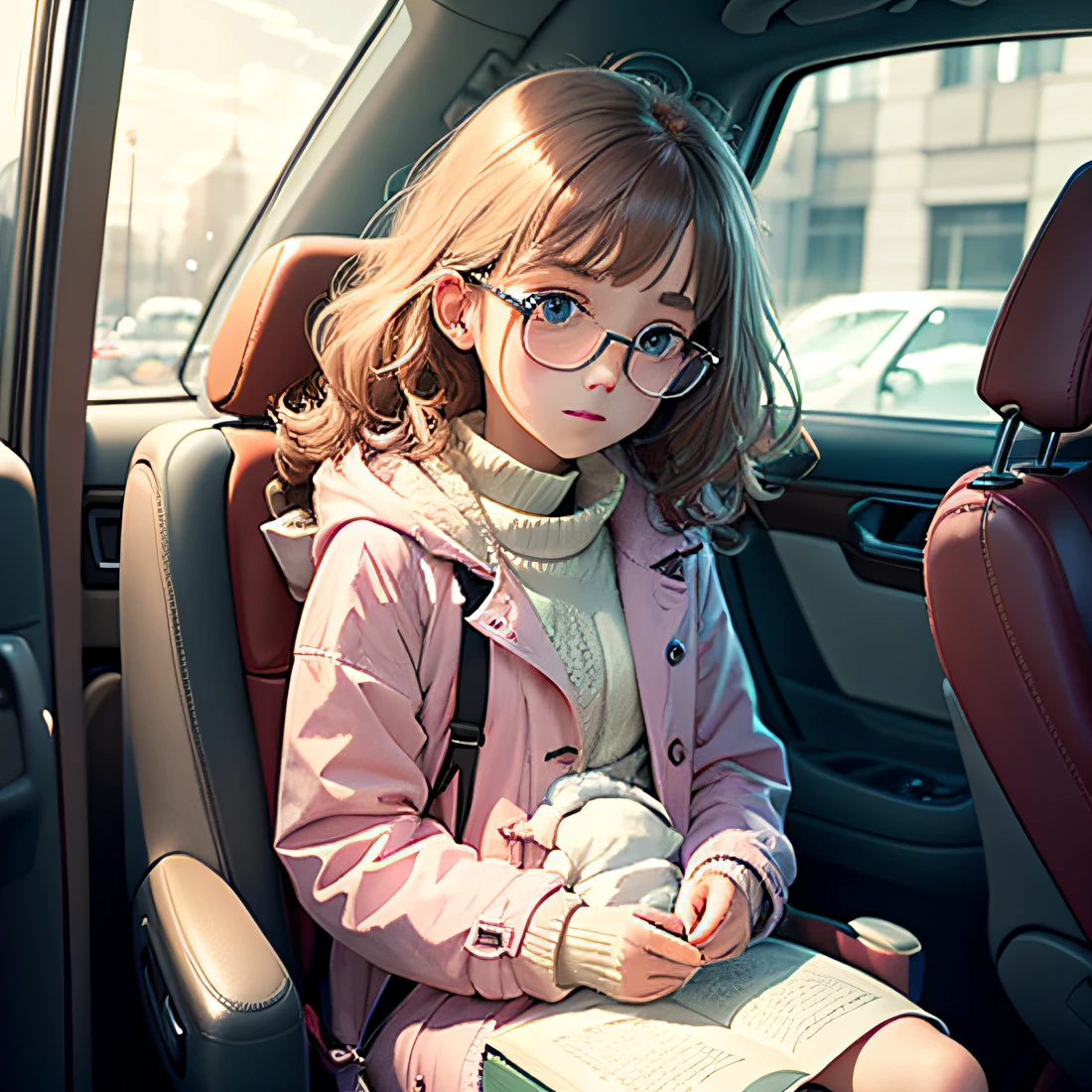 Beautiful sketches,with beautiful colors,Rich layers,Super detailed depiction,Immersive scenes,The protagonist's messy hair flutters in the wind,Draped in a baby pink cotton coat,Wearing glasses is impressive,A sits in the passenger seat,Shrink in a corner,It feels like you're in a scene。 --auto