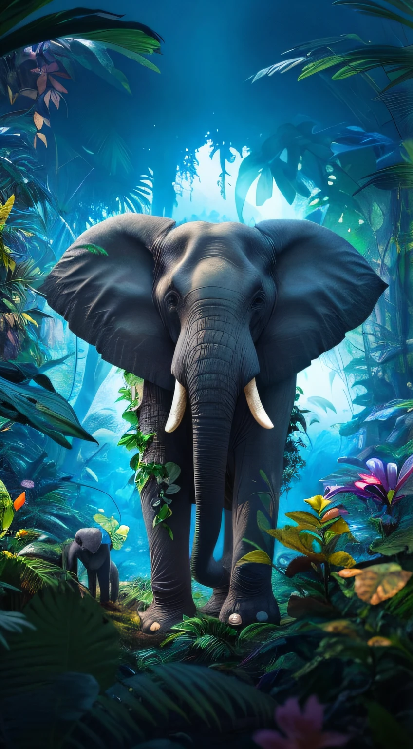 a close up of an elephant in a jungle with many plants, fantasy jungle, african elephants in the jungle, magical jungle, in a jungle environment, in a highly detailed jungle, deep jungle from another world, an enormous elephant king, focus on the elephant, 8 k ultra realistic animal, very highly detailed 8k, 8 k highly detailed art, digital art animal photo