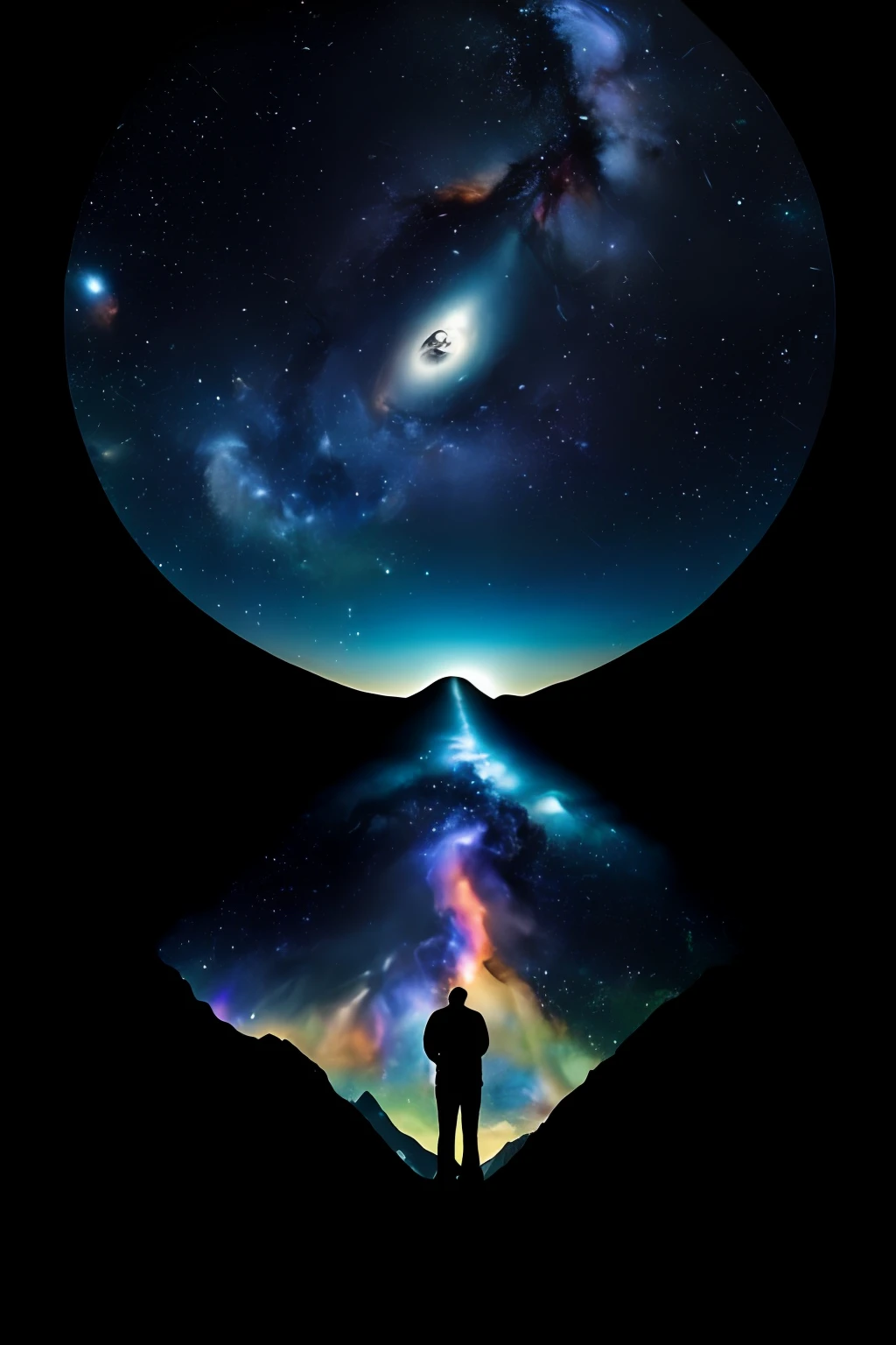 dreamlikeart，[optic，Paintwork，jwst，spiral galaxy，Incomprehensible cosmic terror：ink，shadowing，：0.25]，Big men，The eye，collofull eyes，two face，mountainous horizon，suns，