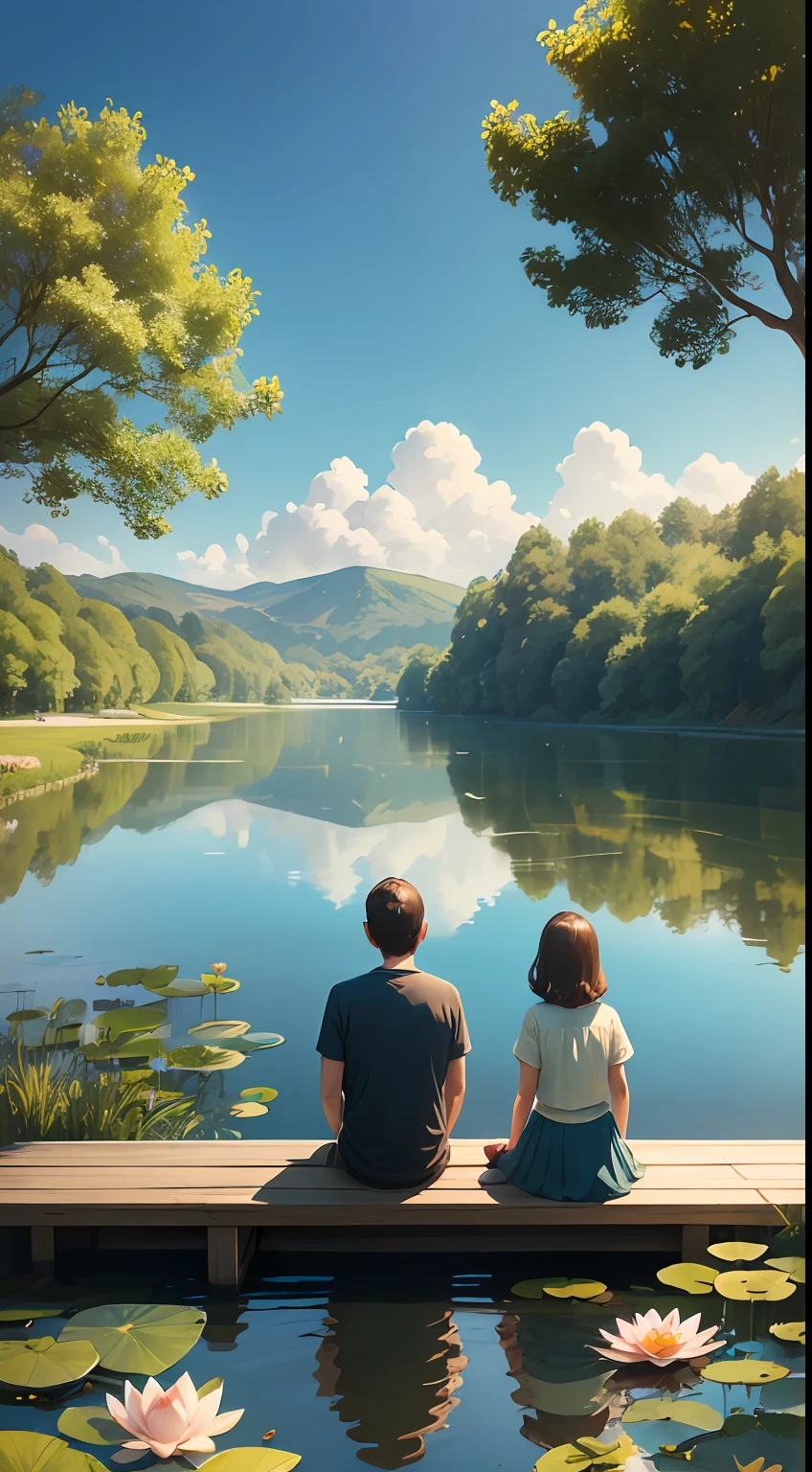 A family of three sits on a bench by the water, Happy state, poster for ; Summer, serene illustration, Poster illustration, painted illustration poster, Summer lake setting, Lotus pond, Warm and beautiful peaceful scene, at summer afternoon, summer setting, Pixar, depth of field, projected inset, from behind --auto