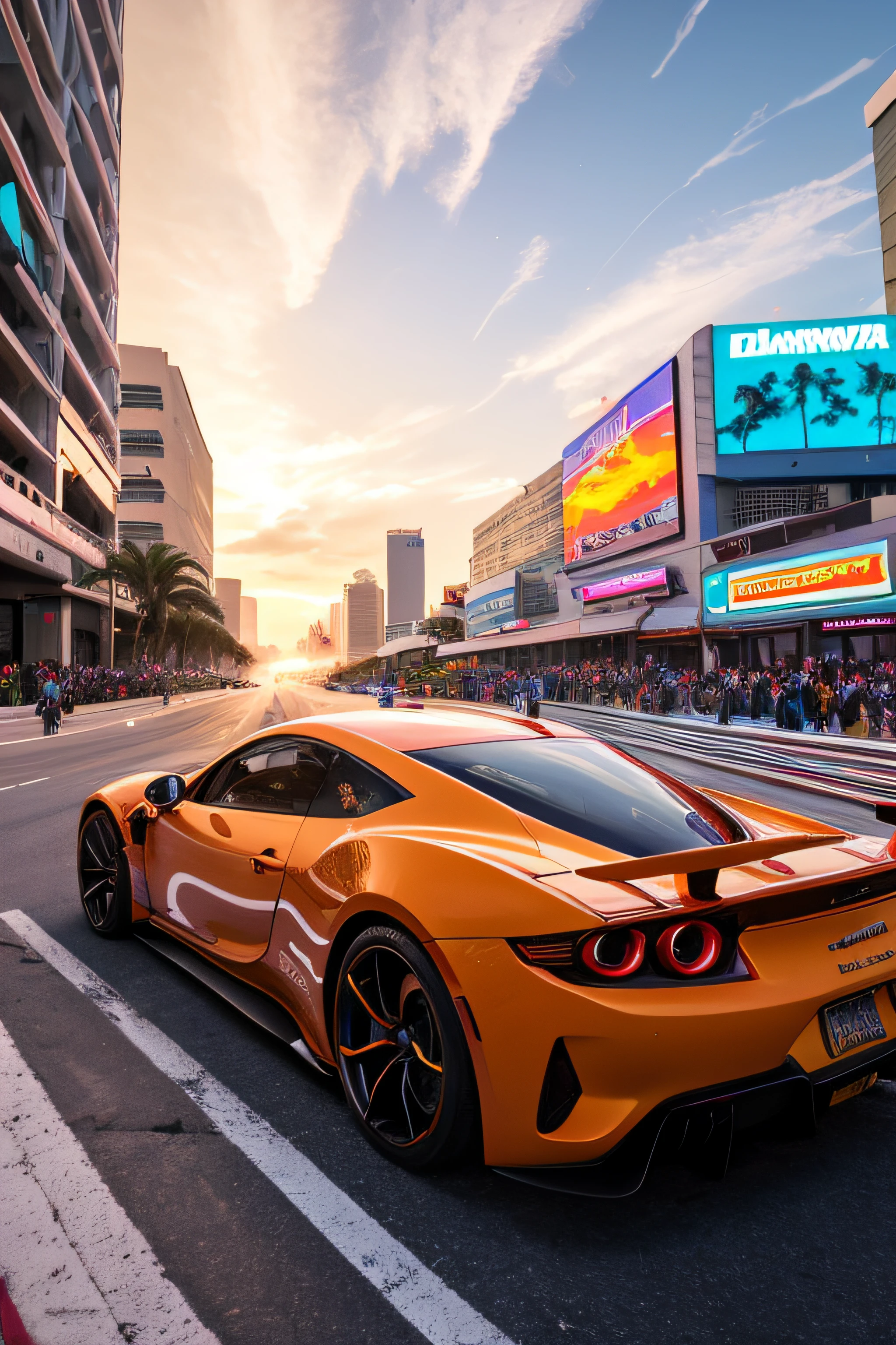 bright sunny day beautiful cloudy sky sunset sports car racing down cyberpunk Miami city streets neon signs and crowds confetti debris dust wind volumetric fog exciting epic action camera, (masterpiece:1.2) (photorealistic:1.2) (bokeh) (best quality) (detailed skin) (intricate) (8k) (HDR) (cinematic lighting) (sharp focus)
