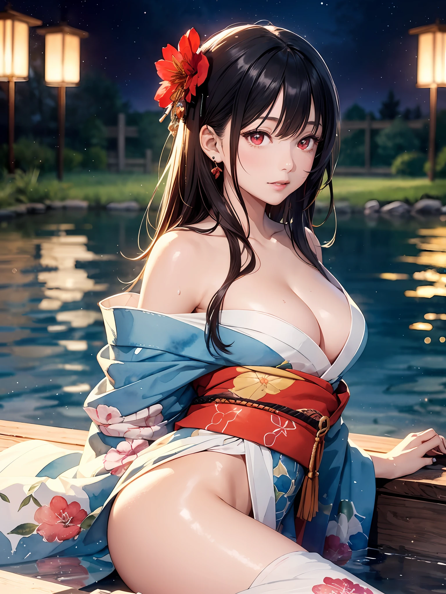 extremely detailed body,girl,woman,female,mature,30 years old,long hair,bangs,streaked hair,black hair,shiny hair,beautiful detailed cold face,cold smile,bright pupils,bare_shoulders,medium_breasts,(red eyes),hair_flower, kimono,((red kimono)),((((no underwear)))),Lots of piercings,(spread legs:1.5),night,(pond),Grass is growing in the foreground,beautiful detailed sky,moon,cold light, bokeh,(((Watercolor Techniques))),wet,Unreal Engine,digital art,extremely detailed CG unity 8k wallpaper,