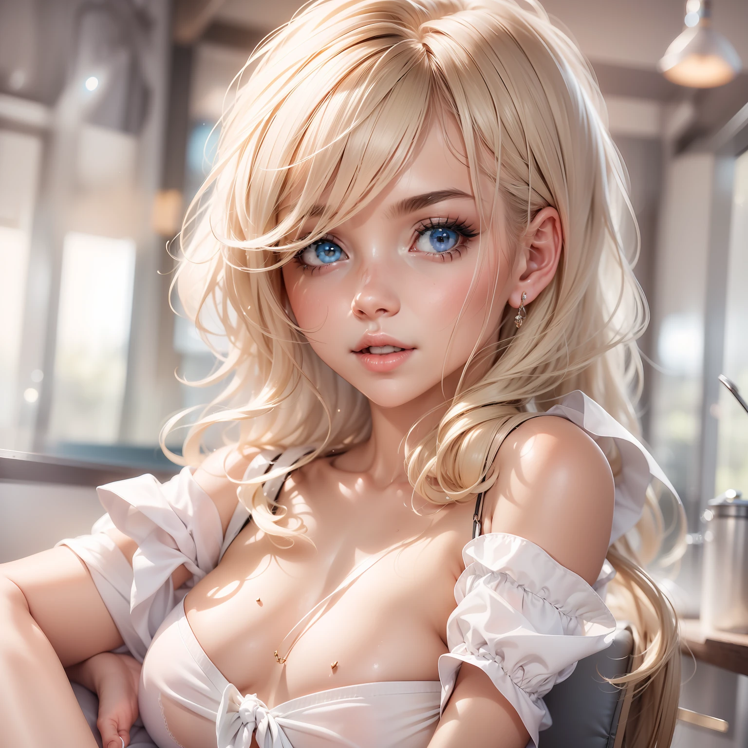 (hyperrealistic), (illustration), (high resolution), (8K), (extremely detailed), (best illustration), (beautiful detailed eyes), (best quality), (super detailed), (masterpiece), (wallpaper), (detailed face), solo, (dynamic pose), 1 girl, white wavy hair on the chair, korean, heterochromic eyes, small moles under the eyes, ((short apron)), medium breasts, long legs, tightens abs, (camel toes), (no panties), (no bra)