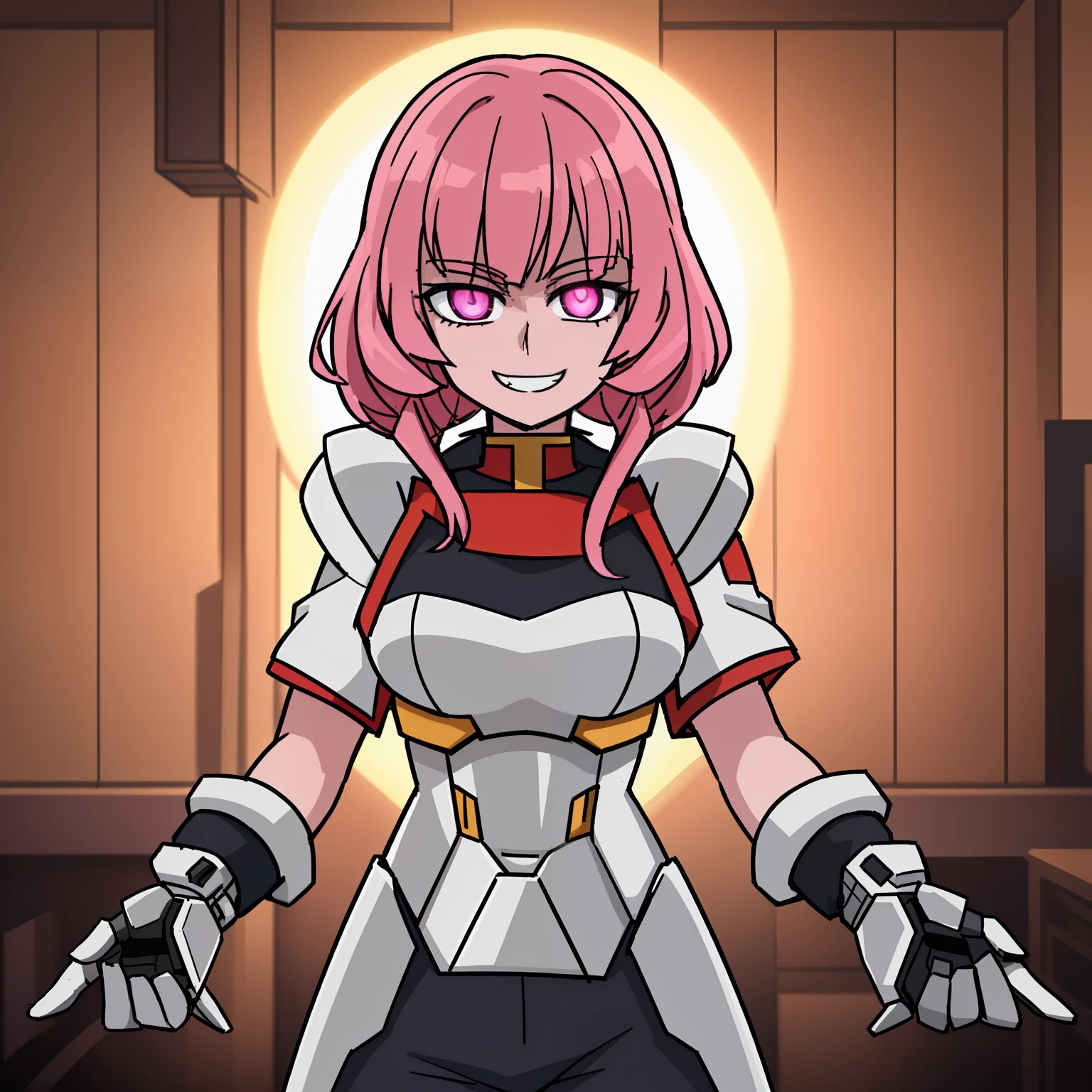 ((gundam, android, best quality, masterpiece, ultra-detailed, absurdress)) 1girl, (solo:1.4), armor, pink hair, (robot joints:0.5), mechanical parts, jacket, shorts, detailed facial features, beautiful glistening skin, looking at viewer, ((florescent eyes, pink eye, glowing eyes)) grin, smile,  indoor, lighting, volumetric lighting, semi-realistic laboratory, masterpiece, highres, best quality, 6k,