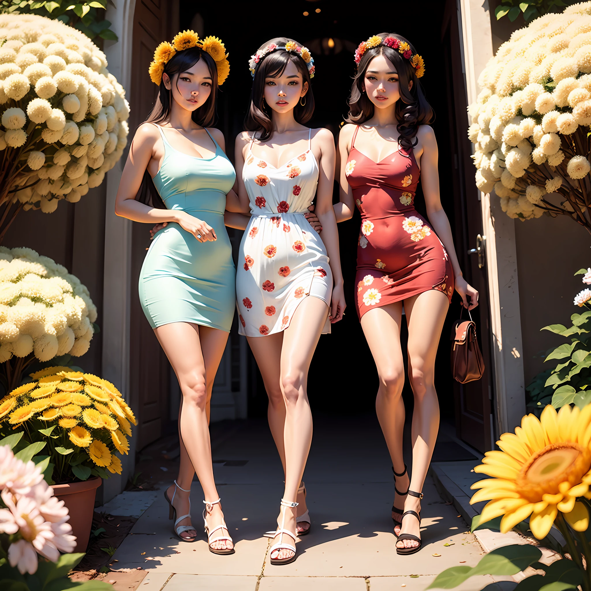 slim，femele，Long floral dress，Chrysanthemum Land，full bodyesbian，Roman sandals --auto