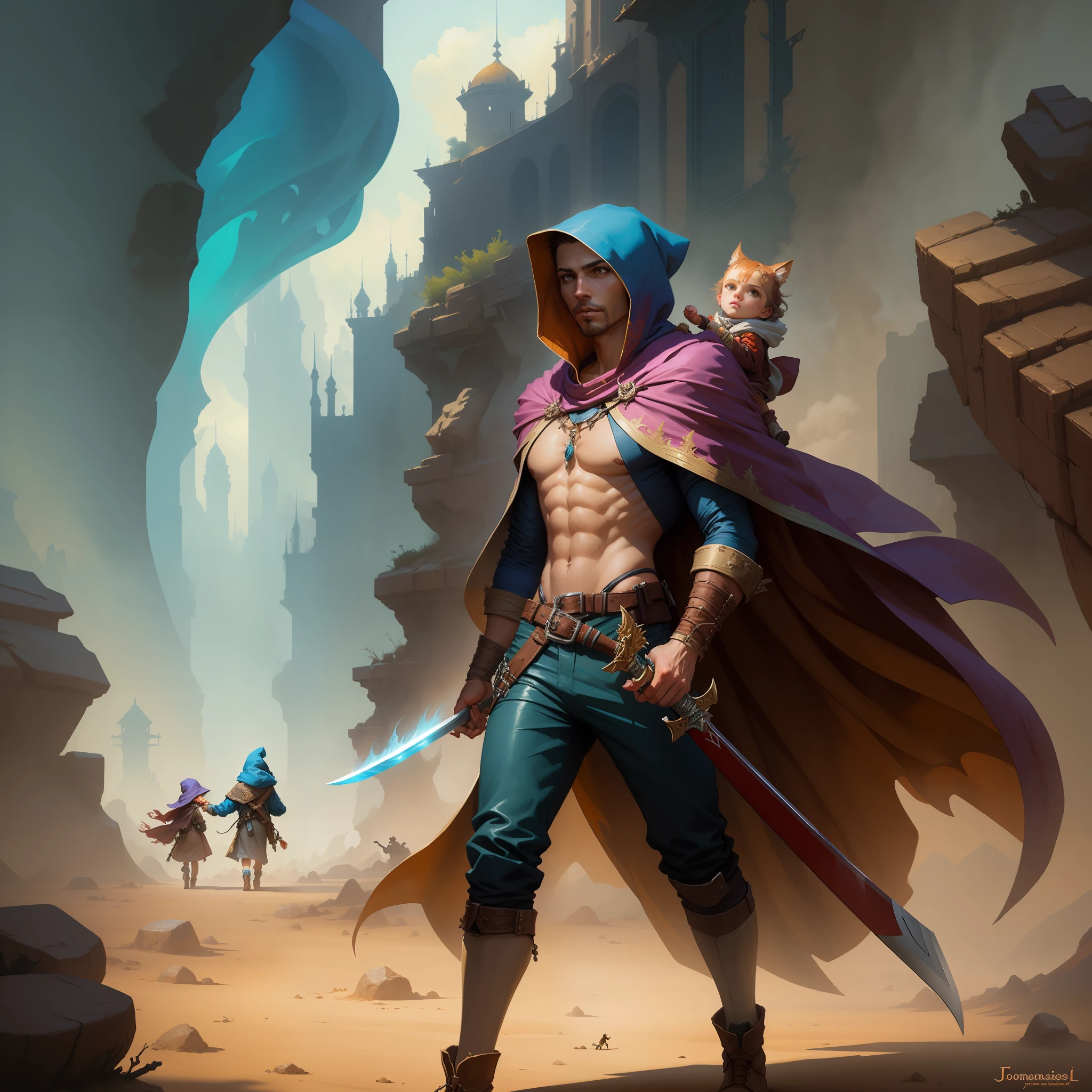 In the dusty desert, a cloaked man walks with a sword in one hand and a child in the other, peter mohrbacher donato giancola, guillem h. pongiluppi, Arte do Jogo de Cartas de Fantasia, magic : the gathering art, desert fighter ancient mage, magic the gathering art, mohrbacher, peter mohrbacher c 2 0, author：Johannes Helgesen, style of peter mohrbacher