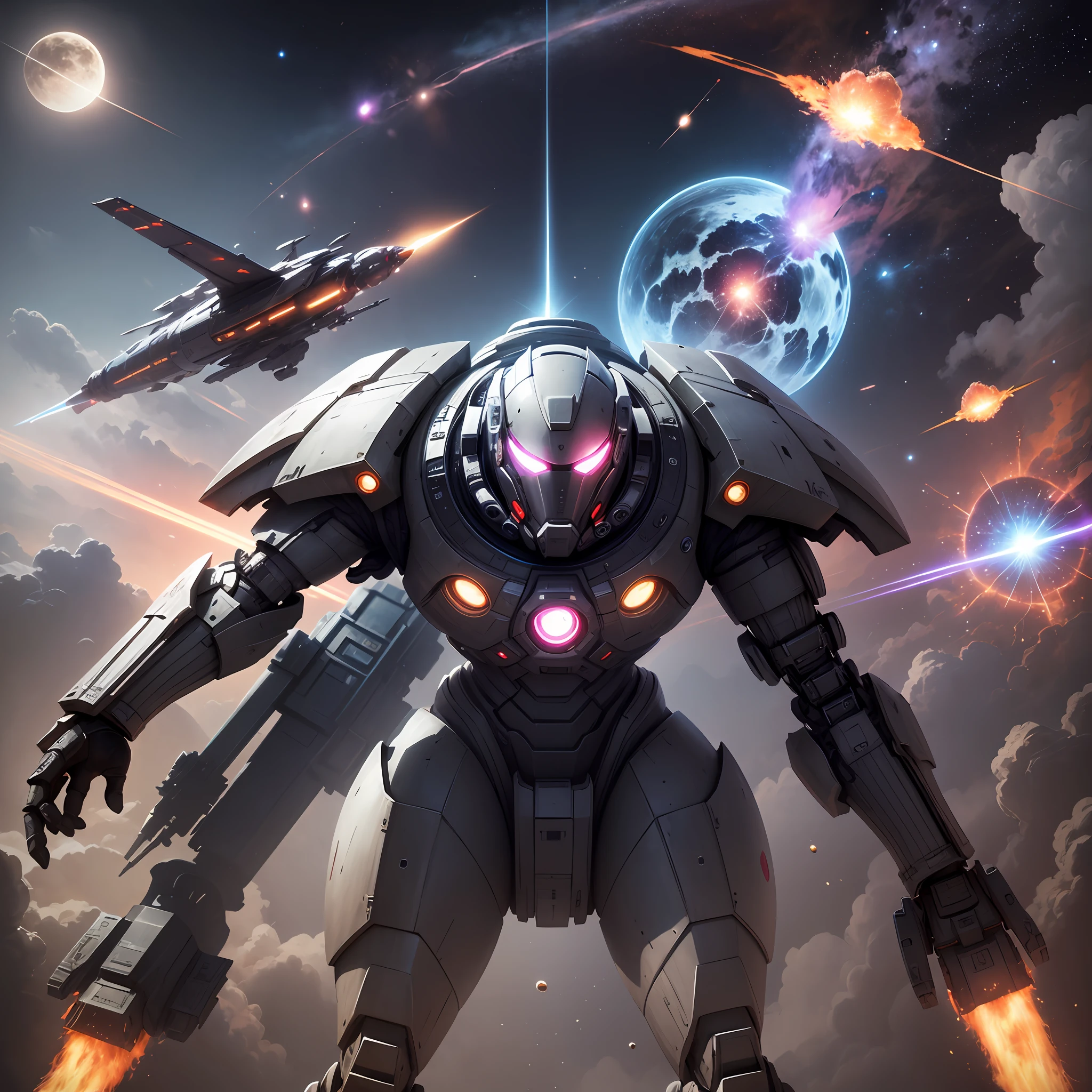 Space battleship、sci-fi movie、A futuristic world、 a heavily armored space mech e, fly and fire against multiple enemies ,Science fiction universe space、Bank Starfield、Saturn ring、Tech shines、Light energy magnetic levitation、Quantum collision、Time travel、ultra high def、hyper-detailing,Deep view、Lagrange --auto --s2