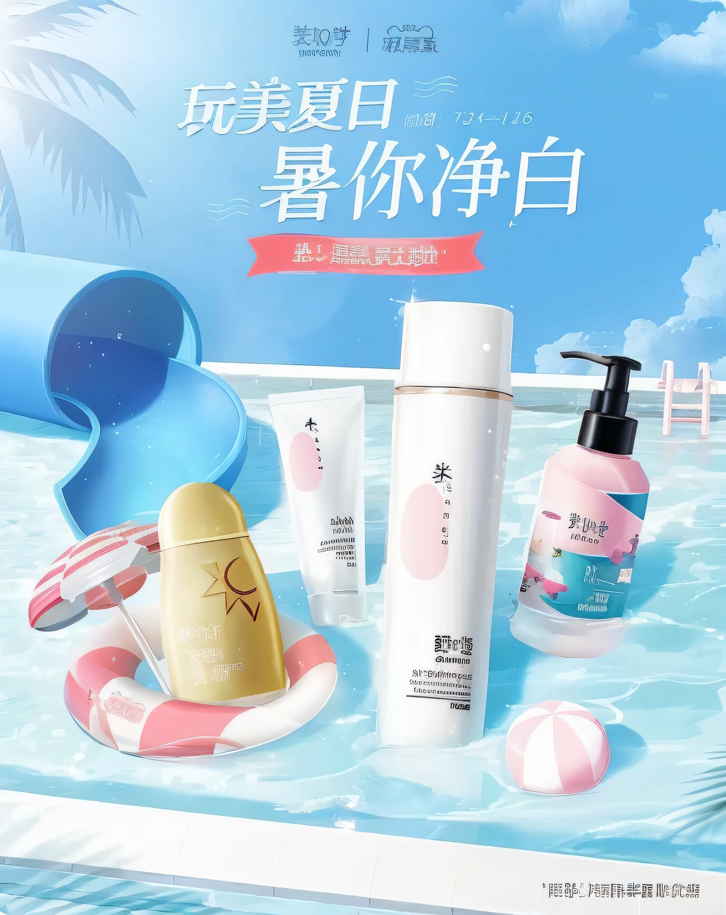 A close-up of a poster，There are a lot of products on it, ProductAdvertisements, photoshoot for skincare brand, Middle metaverse, ProductAdvertisements, zmonzheng, trending on cgstation, advertisement picture, beauty campaign, Chiba Yuda, trending at cgstation, Skincare, negao, rengen