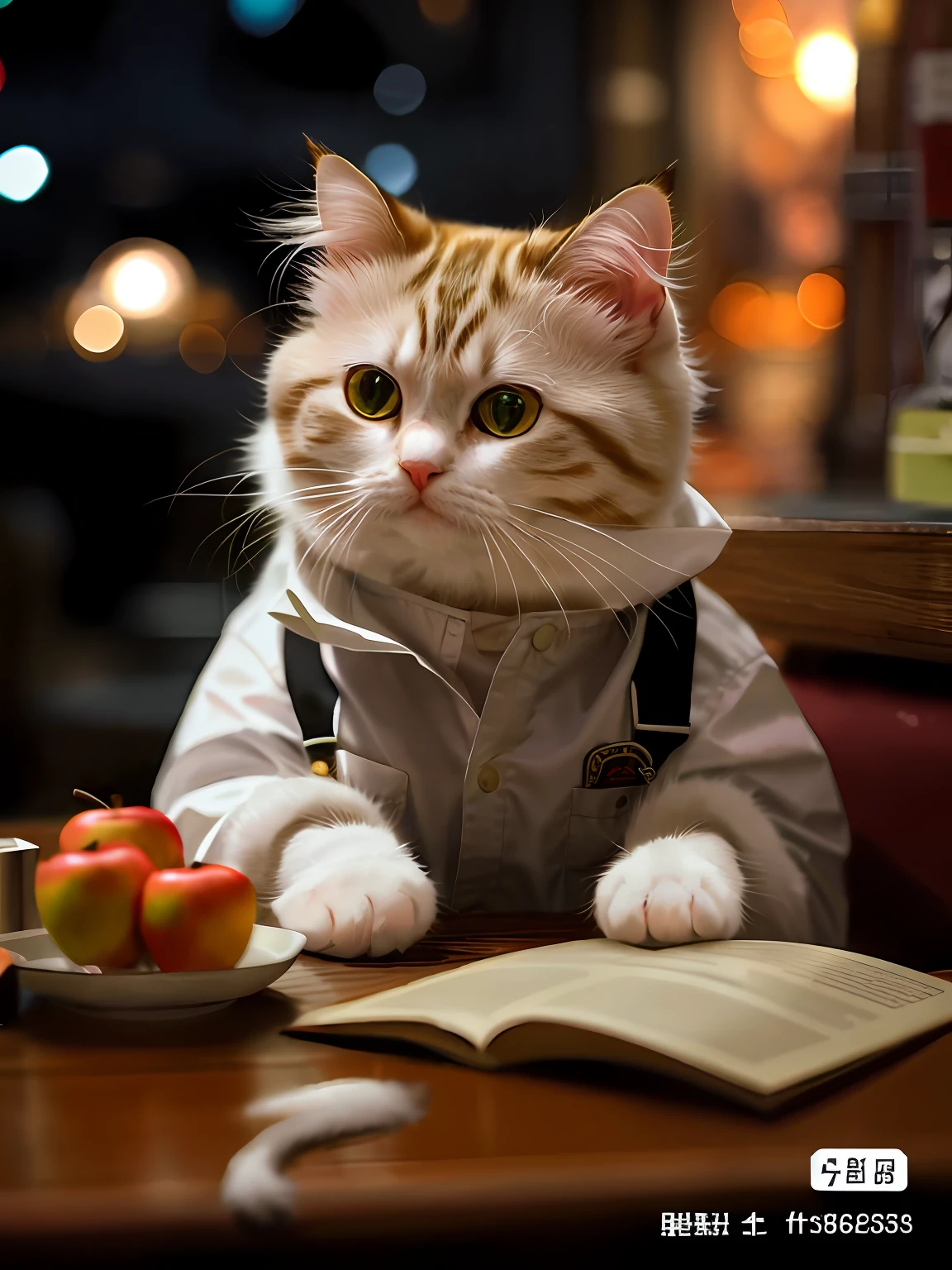 Green eyes,There was a cat sitting at the table,holding an apple, intellectual cat, cat on the table, Cute cat, A cute cat, Fully dressed, casually dressed, cute cat photo, furry artist, awesome cat, an anthro cat, photo of a cat, mischievous look, the cat is drinking tea, dinner is served, awww, dressed casually,White ( cat ) Girl, elegant cat, Full-body white hair, beautiful cat, gleaming silver, White cat, persian queen, persian princess, very attractive and beautiful, scottish fold, A cute cat, beautiful female white, exotic shorthair cat --auto